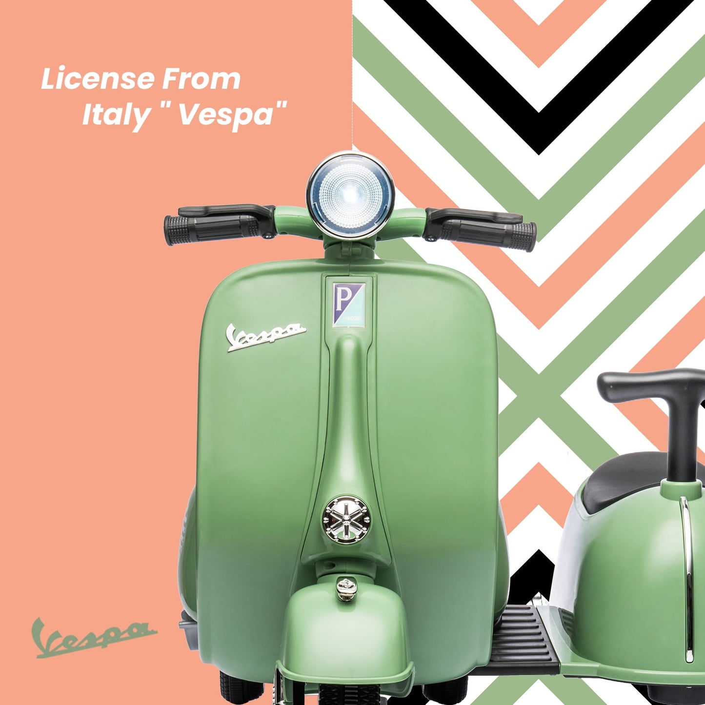 Track 7 2-Seater Ride on Motorcycle, Licensed Vespa Electric Motorcycle with Side Car, 2-Seater Ride on Car, Music, Storage Bin, Max Speed 3.7mph, Green