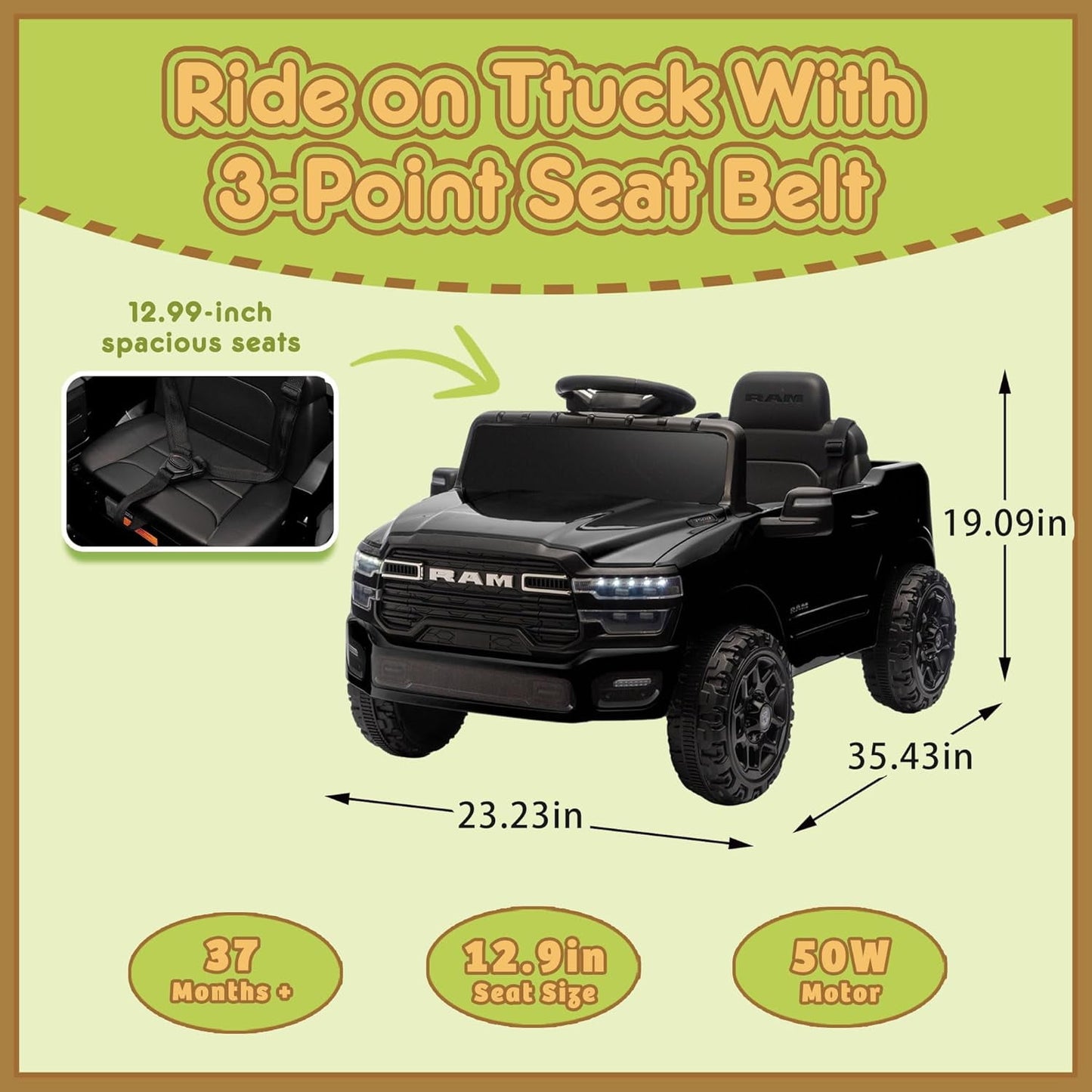 Track Seven 12V Ride on Car, Licensed Dodge RAM 3500 Ride On Truck with Remote Control, Rear Shock Suspension, LED Headlights, Low Battery Alarm, Bluetooth, Music, Ride on Toy for Kids Aged 3+, Black