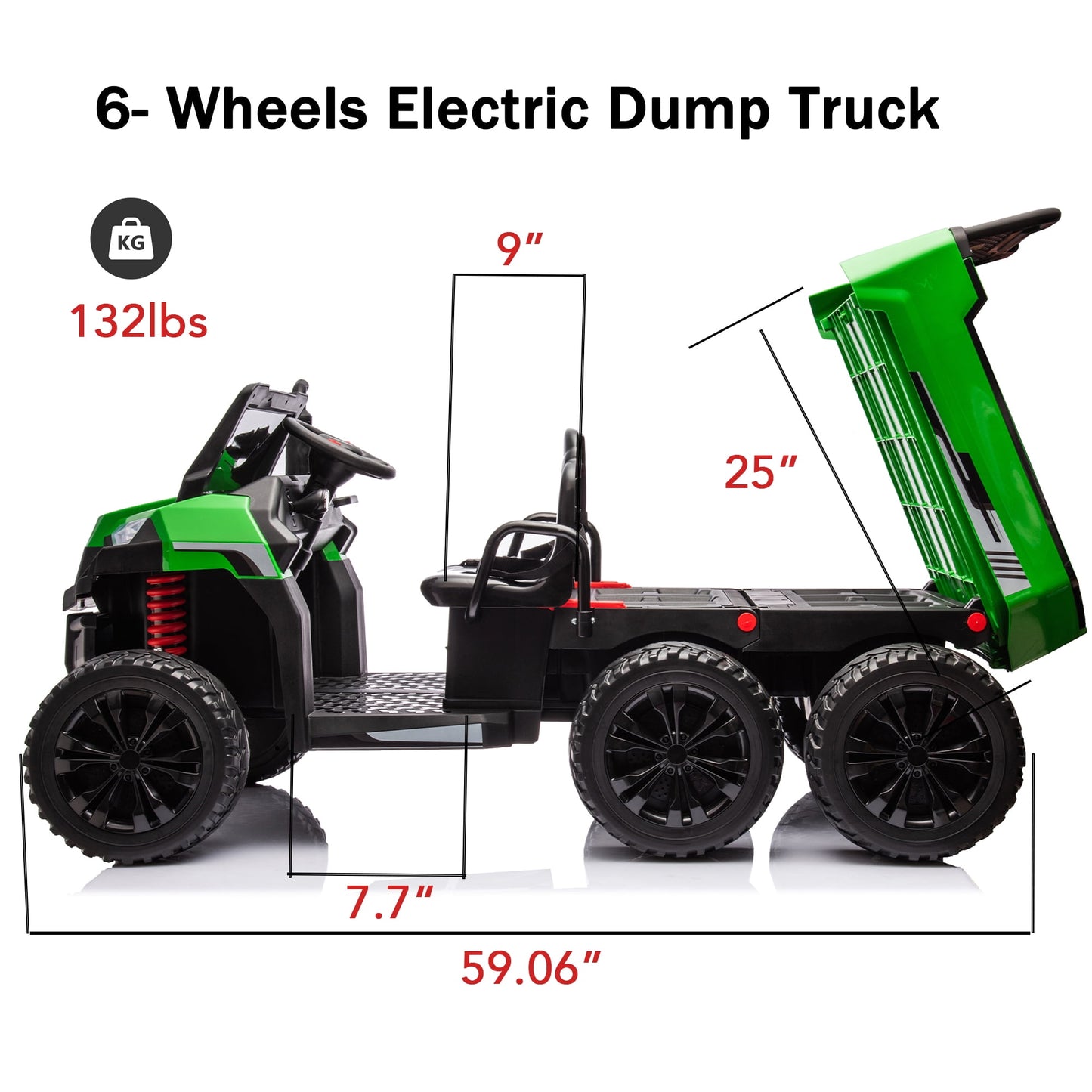 Track Seven 24V Ride on Car, 2-Seater Ride On Dump Truck, 6 Wheels Electric Car with Remote Control, Music, Shift Lever, off-Road Ride on UTV, Green