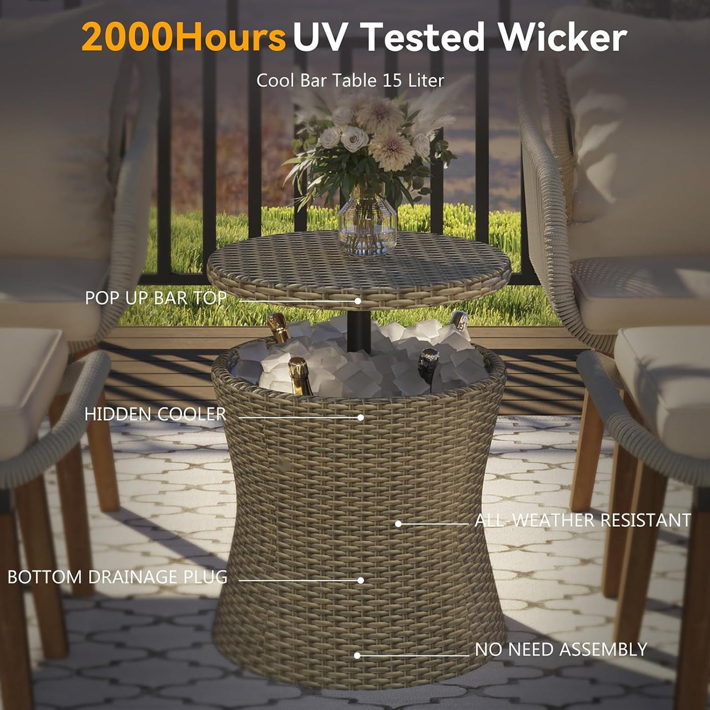 COOKCOK 5 Pieces Patio Furniture Chair Sets, Balcony Furniture Sets with Wicker Cool Bar Table, Wicker Chairs with Ottomans, Outdoor Chairs Set for Backyard, Balcony, Poolside, Brown