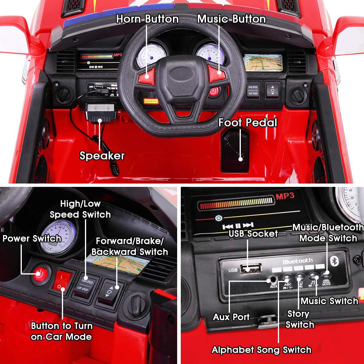 LISUEYNE Kids Ride on Police Car, 12V Electric Car for Boys Girls Age 3+, Flashing Siren, Microphone, Remote Control, Red