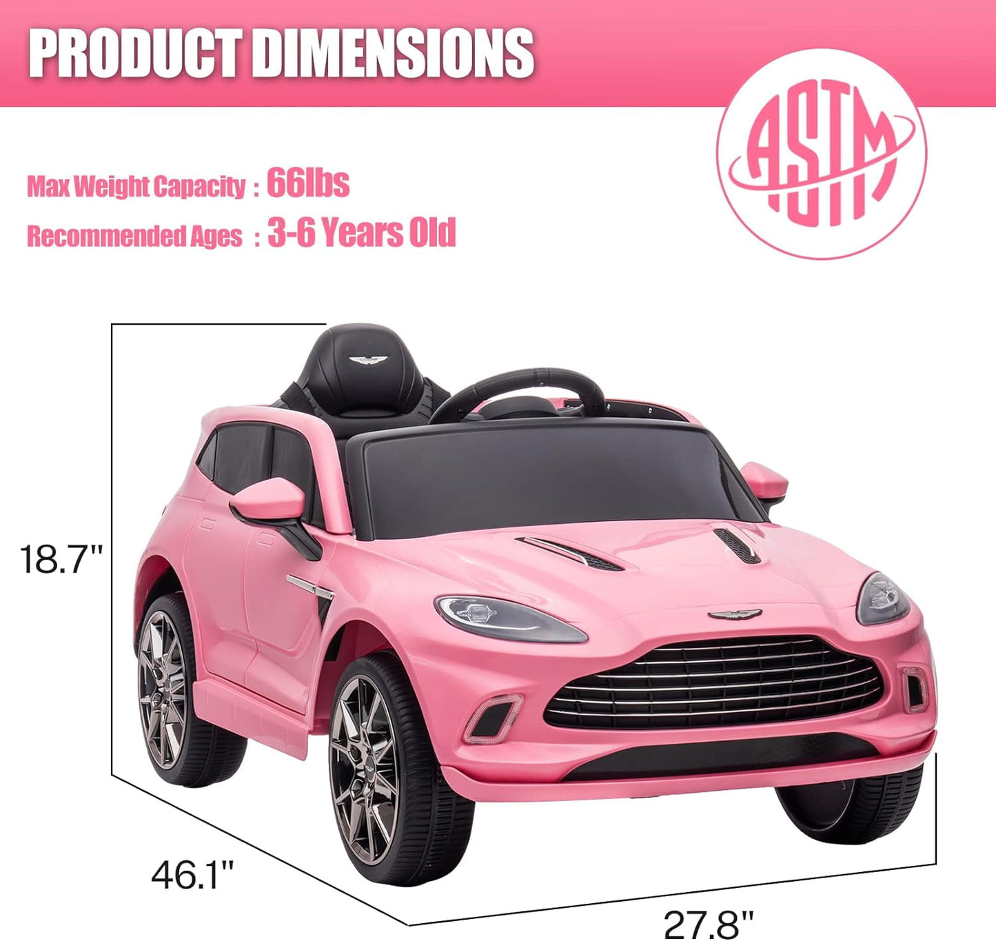 Track Seven 12V Kids Ride on Car, Licensed Aston Martin Electric Car for Boys Girls Age 3+, Remote Control, Music, USB, Portable Handle, Pink