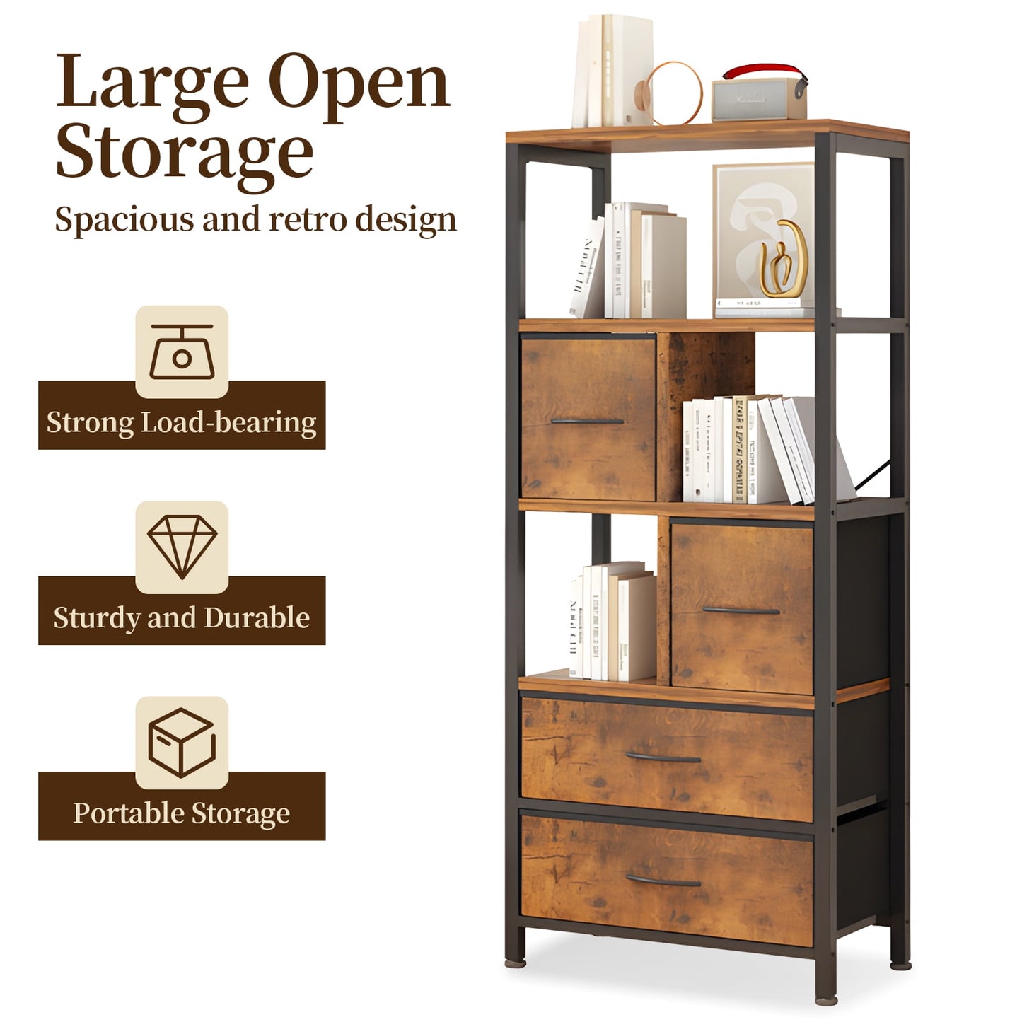 COOKCOK 5 Tier Bookshelf, Bookcase with 4 Drawers Shelves, Tall Book Shelf Book Case for Home & Office, Rustic Brown