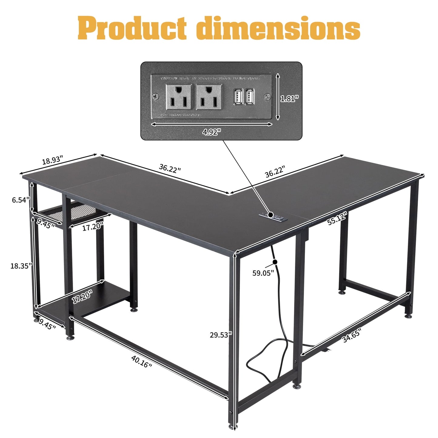COOKCOK L Shaped Desk, 55" Computer Desk with Power Outlets, Reversible Corner Desk with Storage Shelves, Home Office Desk for Writing Gaming Study, Black