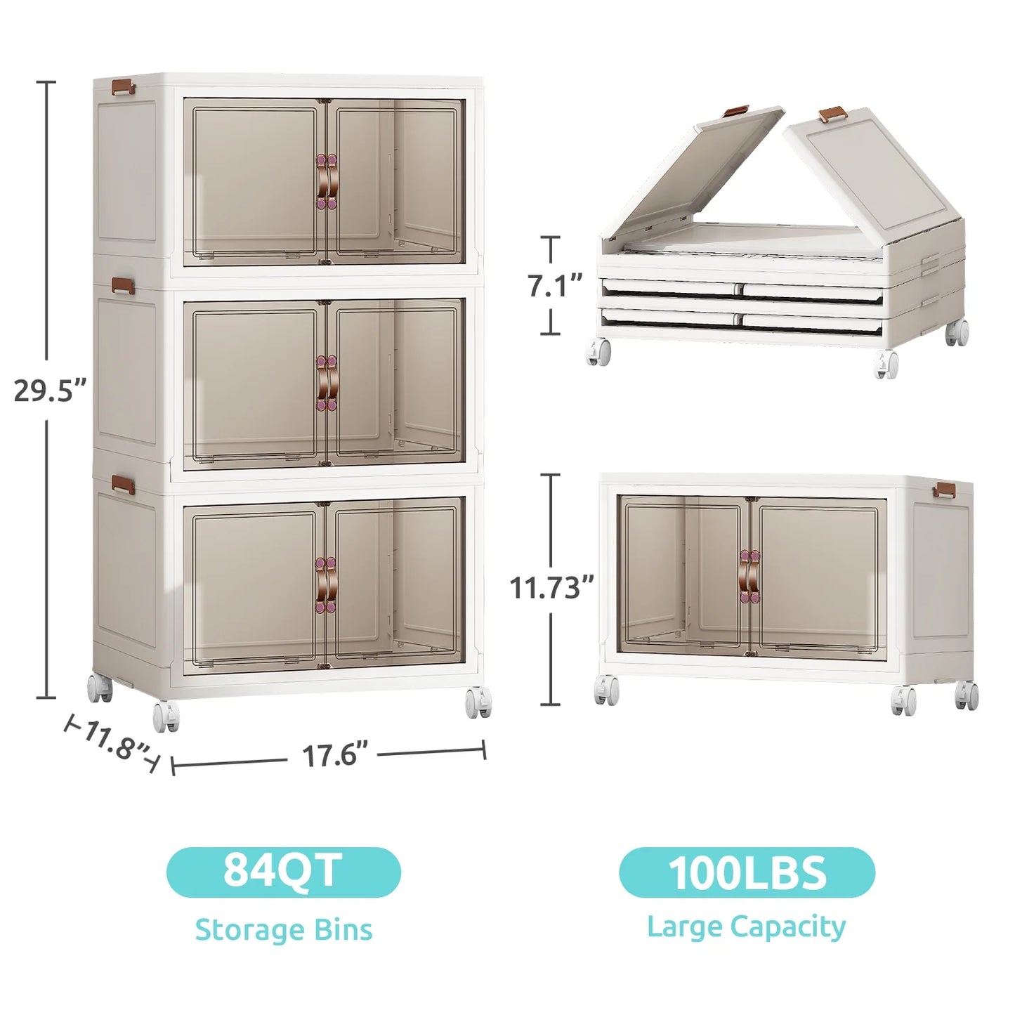 COOKCOK Storage Bins with Lids,3 Packs Stackable Bins with Wheels, Dual Open Collapsible Storage Bins for Home and Office, 17.7"x 11.8"x 29.5"