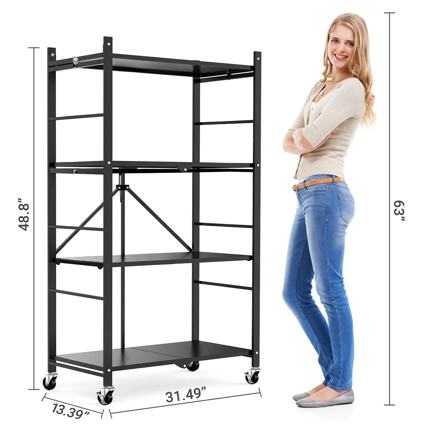 COOKCOK 4-Tier Storage Shelving Unit, Metal Shelf, Adjutable Height, Foldable Storage Shelf with Wheels, Garage Shelf, Kitchen Shelf, Side Protective, 400lbs Capacity, Black
