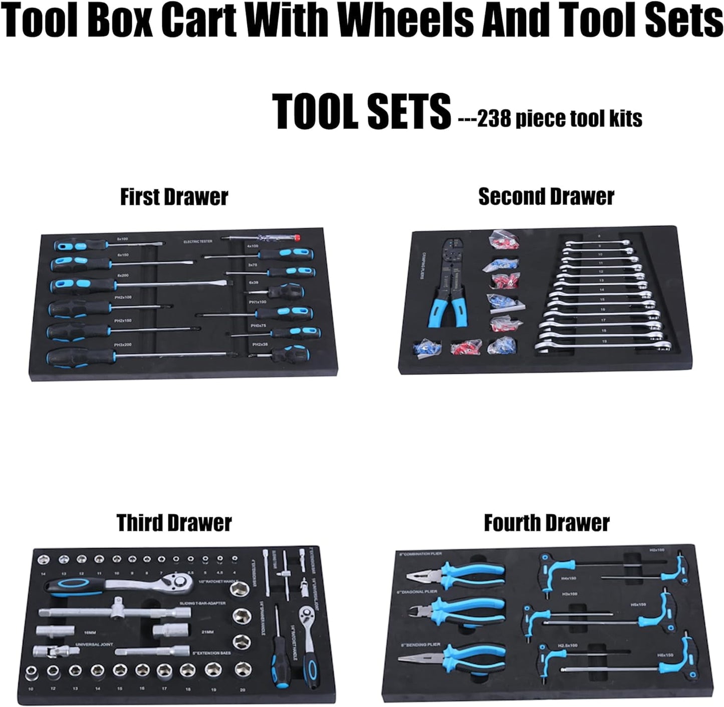 COOKCOK Tool Chest with 238 Piece Tool Set, 4-Drawer Tool Cabinet - Rolling Tool Cart On Wheels for Mechanics Heavy-Duty Metal Tool Box Storage Cabinets for Garage, Black