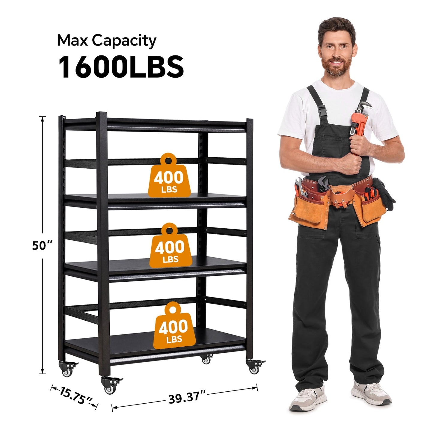 COOKCOK 4-Tier Storage Shelving Unit, Metal Shelf with Wheels, 39.4"x15.8"x 50", Adjustable Garage Storage Shelf, Load Up to 1600LBS, Kitchen Shelf with Protective Side