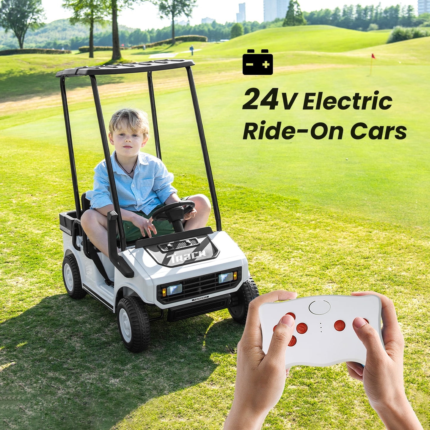 Track Seven 24V Ride on Car, Electric Golf Cart with Ceiling, Ride on Truck with Remote Control, Music, Rear Storage Box, Electric Car for Boys Girls Age 3+, 18.5" Large Seat with Armrests, White