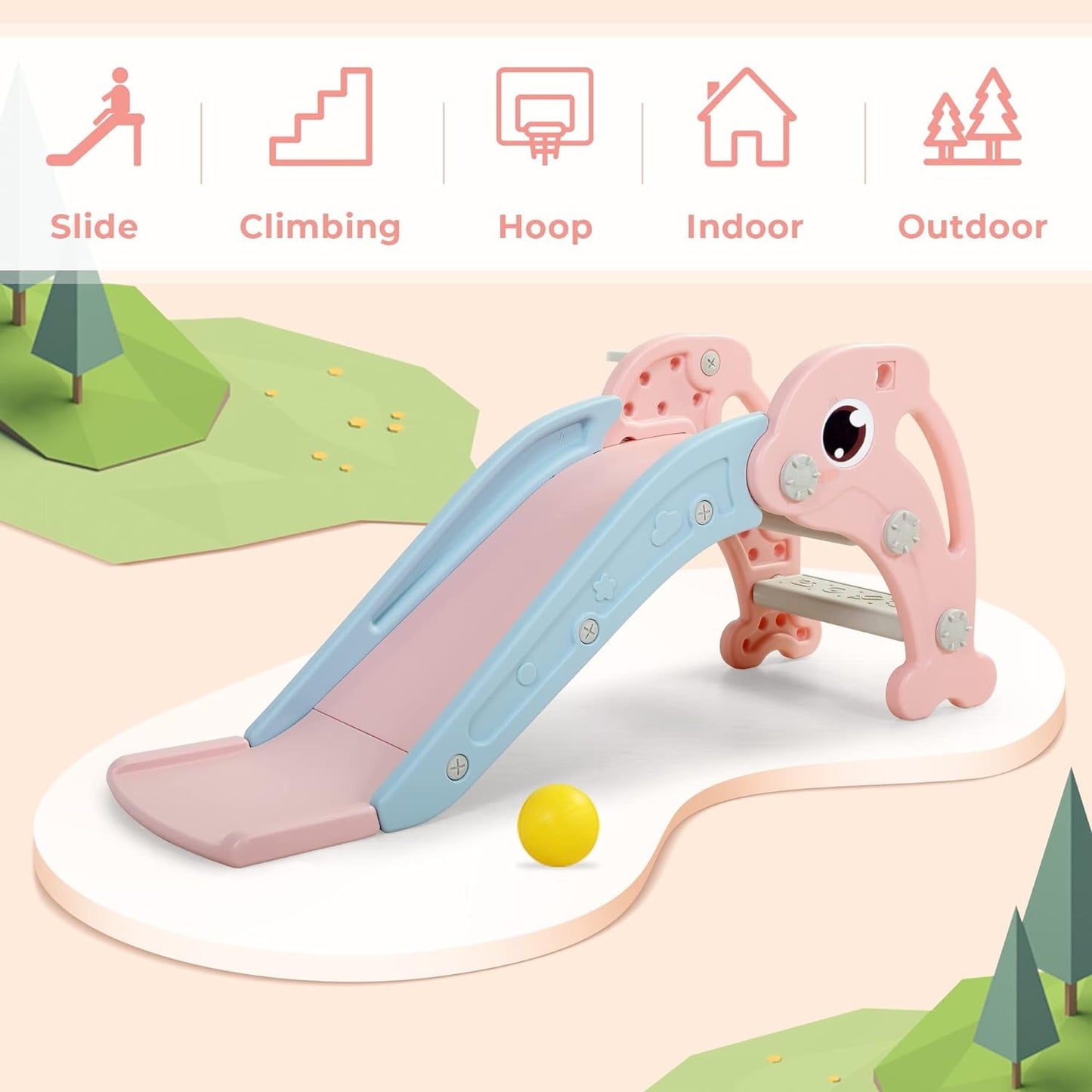 Track Seven Toddler Slide Playset with Climber, Basketball Hoop & Ball - Indoor/Outdoor Playground for Kids,Pink