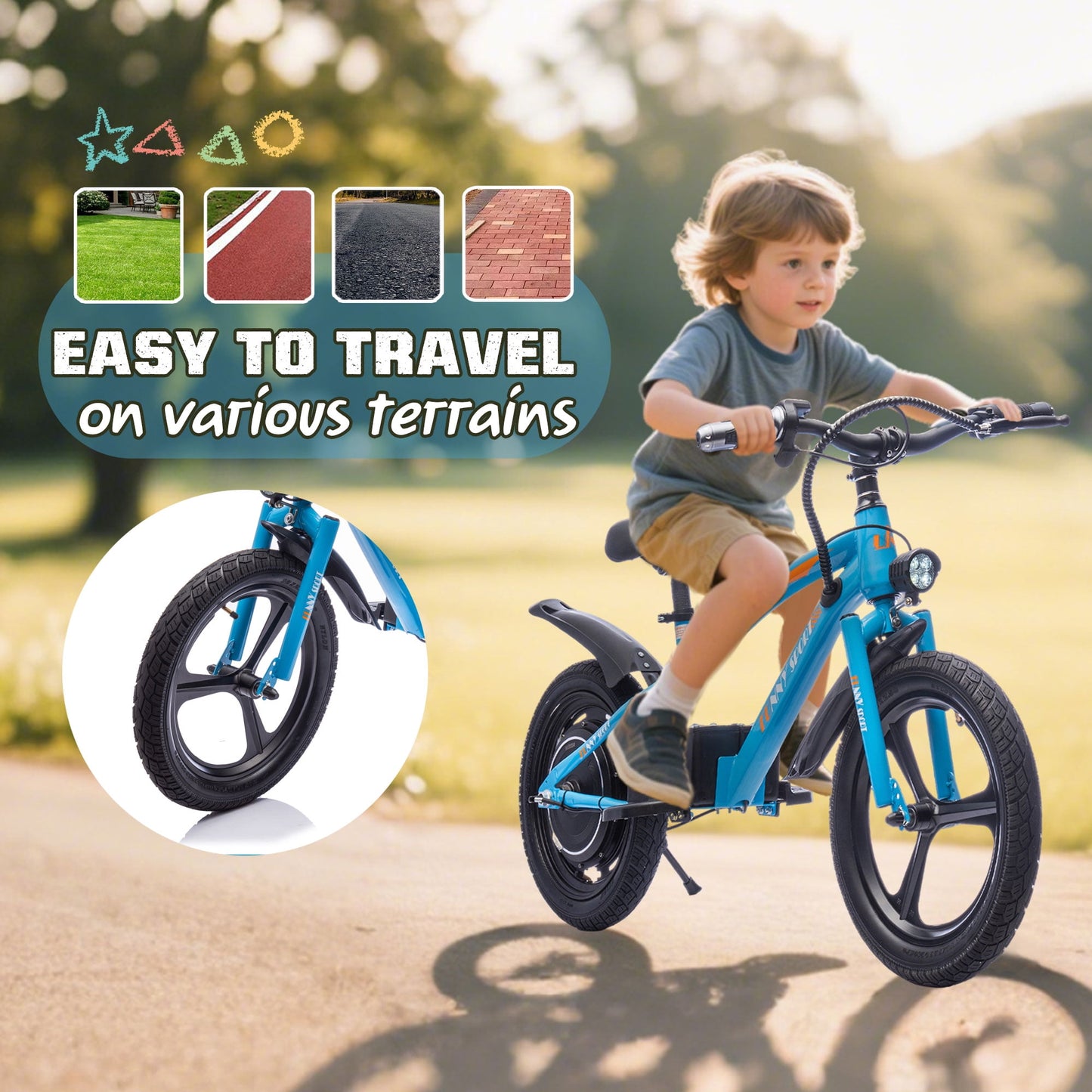 Track Seven 24V Kids Electric Dirt Bike, Ride on Mini Bike, 300W Super Power Motor, Up to 12.43 MPH, 16" Wheels, Adjustable Seat Height, Bright Headlight, Hand-Operated Brakes for Ages 5+, Blue