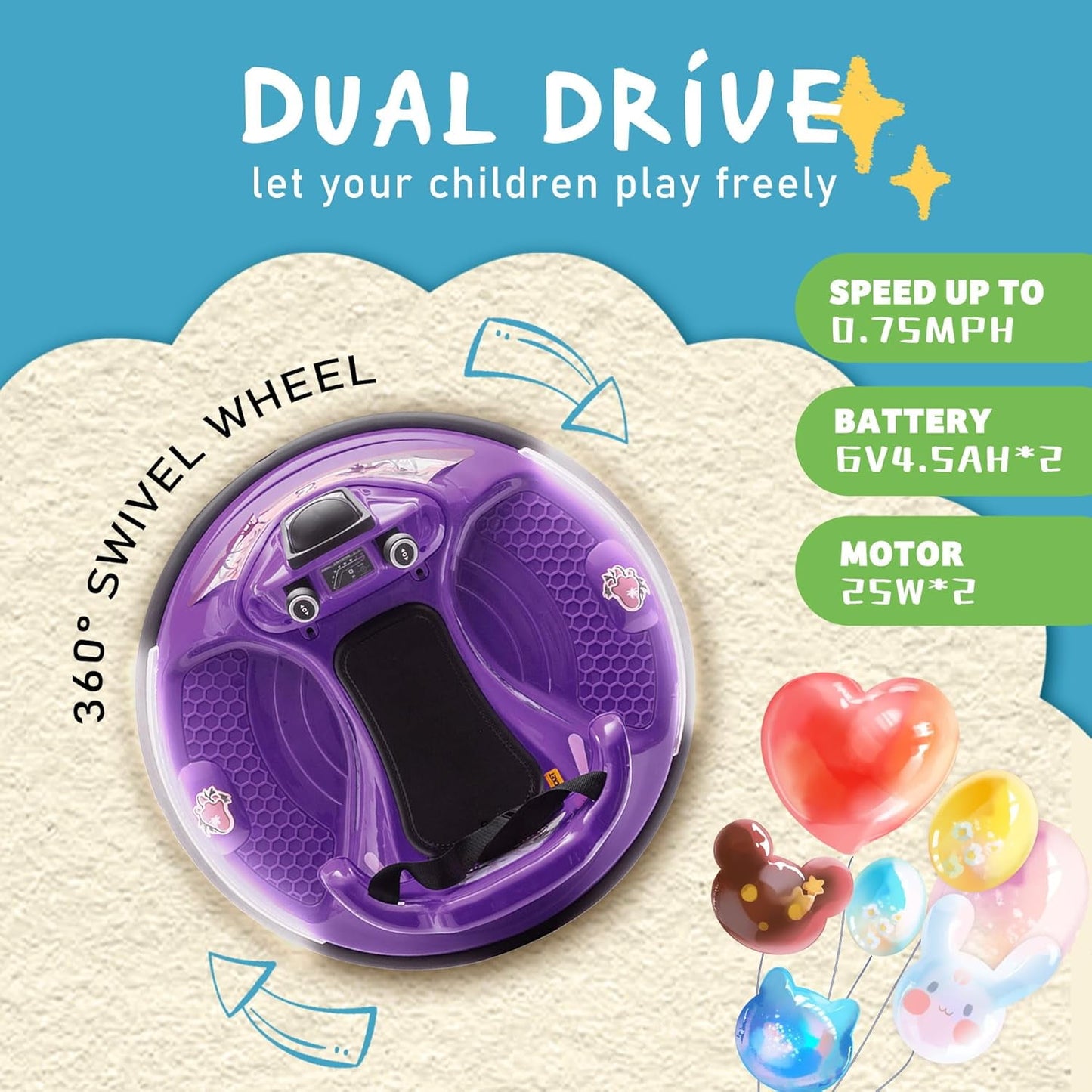 Track Seven 12V Ride On Bumper Car, 360° Spin, Remote Control, Dual Steering Handles, Kids Bumper Car with LED Lights, Music, Joysticks, Electric Car for Toddlers Boys Girls Ages 2-5, Purple