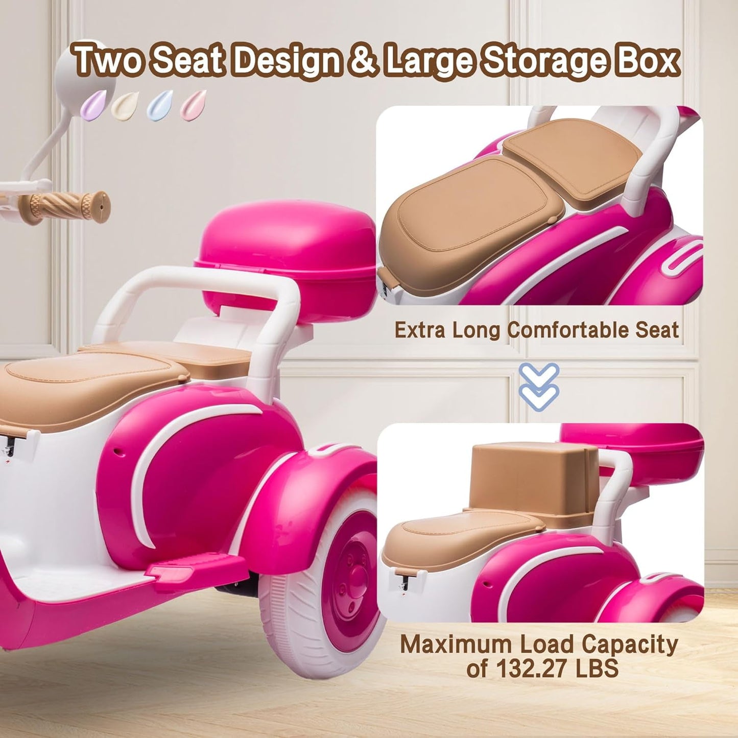 Track Seven 12V Ride on Motorcycle, 2-Seater Electric Motorcycle with Dual Motor, 3 Wheels Motorbike with Bluetooth, LED Lights, Storage Box, Front Hook, Ride on Toy Car for Boys Girls Aged 3+, Rose