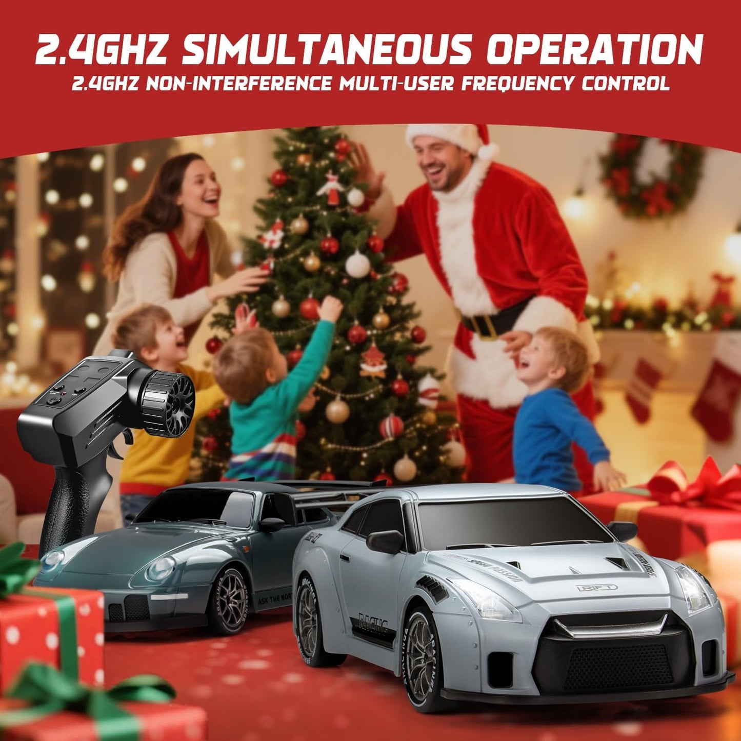 Track Seven RC Drift Car, 1:24 Scale Remote Control Vehicle with LED Lights, 2.4GHz 20KM/H 4WD High Speed RC Cars, Drifting Tires&Two Batteries, Racing Sports Toy Idea Gift for Adults Boys Girls