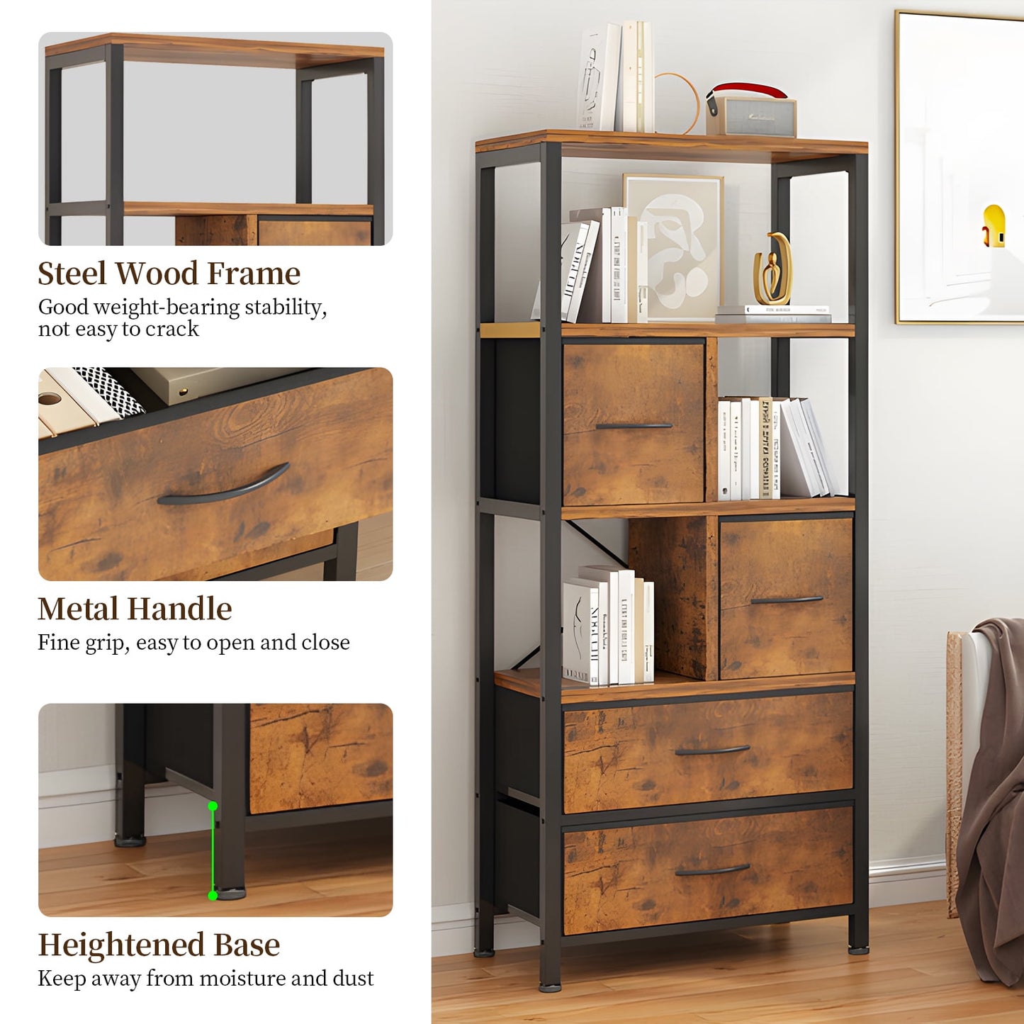 COOKCOK 5 Tier Bookshelf, Bookcase with 4 Drawers Shelves, Tall Book Shelf Book Case for Home & Office, Rustic Brown