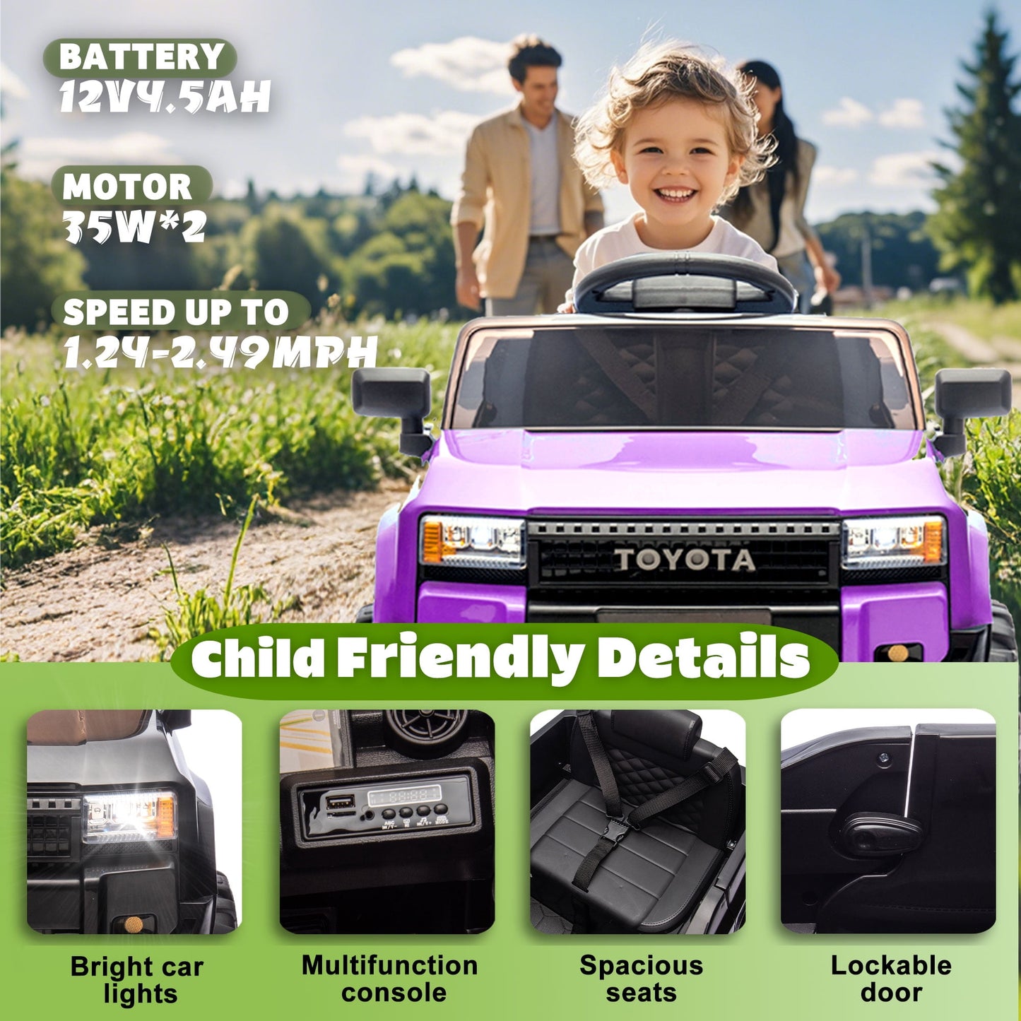 Track Seven 12V Ride on Car, Licensed Toyota LC250 Ride on Truck for Kids, Electric Car with Remote Control, Power Display, Music, Bluetooth, 12V Ride on Toy Car for Boys Girls Age 2+, Purple