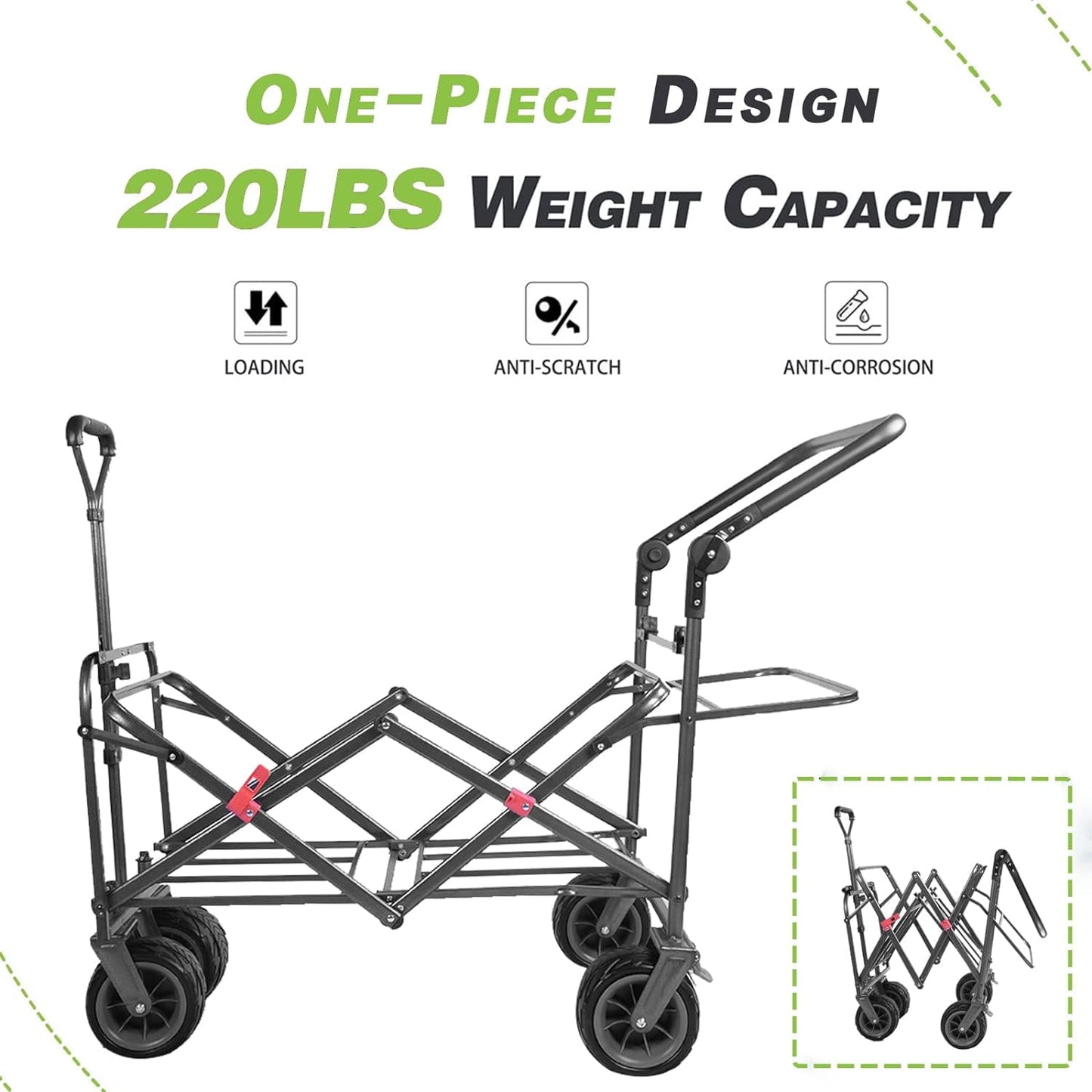 COOKCOK Collapsible Folding Wagon Cart, Heavy Duty Utility Wagon with Removable Rear Bag & Adjustable Push Pull Handle, All Terrain Beach Wagon with Big Wheel for Sand, Blue