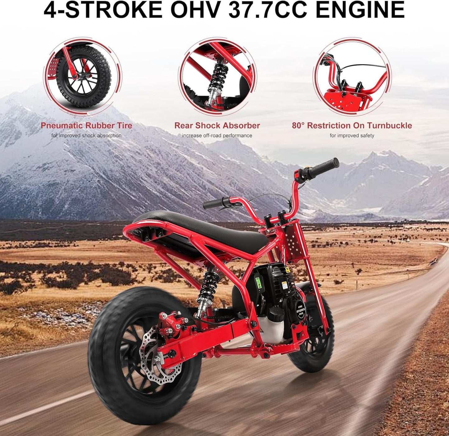 Track Seven 37.7CC 4-Stroke Dirt Mini Bike for Adult & Kids, 1.36HP Gas Powered Off Road Trail Mini Bike, Rear Disc Brakes, Max Load 189 Lb, Safety Features for Ages 6+, Up to 15 MPH, Red
