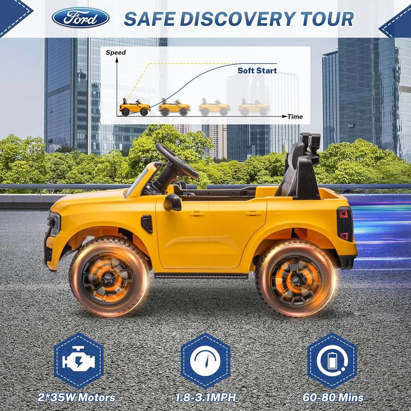 Track 7 12V Kids Ride on Car, Licensed Ford Ranger Electric Car with Remote Control, Music Player, LED Lights, Bluetooth, 12V Ride on Truck Car for Boys Girls Age 3+, Yellow