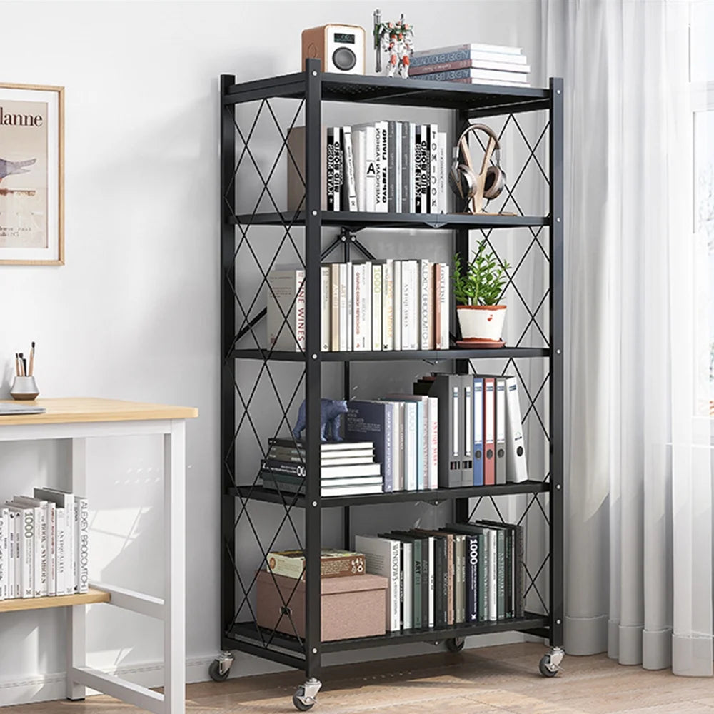COOKCOK 5-Tier Storage Shelving Unit, Metal Shelf 27.9"x13.4"x62.5, Foldable Storage Shelf with Wheels, Garage Shelf, Metal Storage Rack, Kitchen Shelf with 4 Hooks