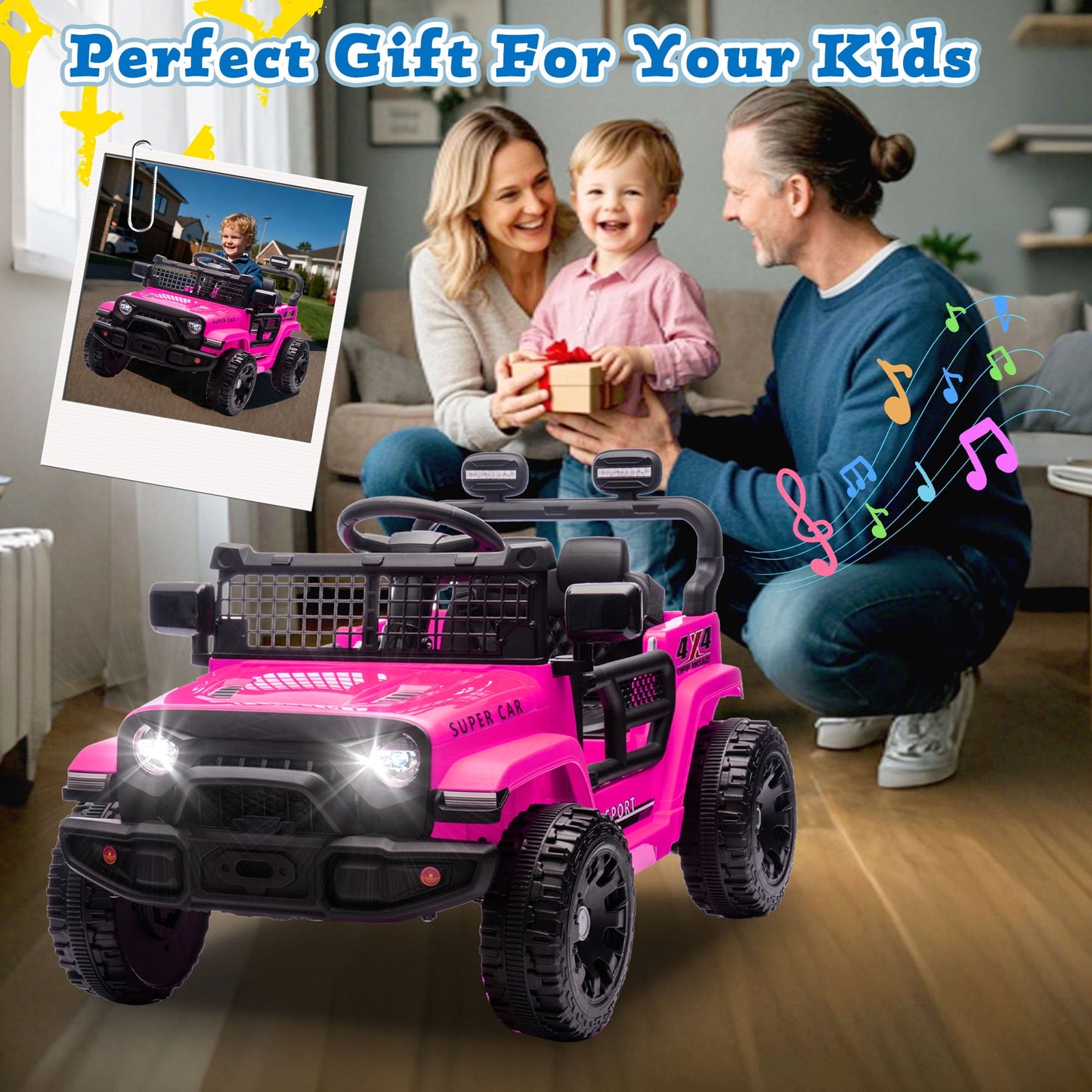 Track Seven 24V Kids Ride on Truck, Electric Car with Remote Control, Four-Wheel Suspension, Power Display, Bluetooth, MP3 Player, LED Lights, Kids Ride on Toy Car for Boys Girls Aged 3+, Pink