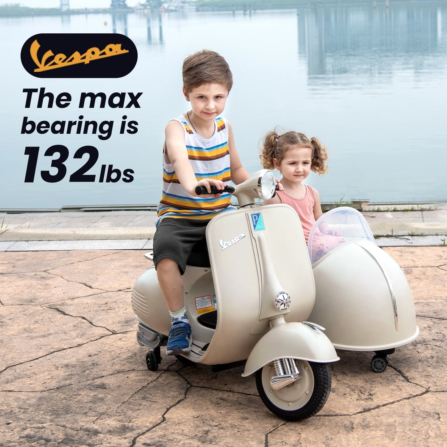 Track Seven 12V Licensed Vespa Ride on Motorcycle with Side Car, 2-Seater Electric Car for Kids Age 3+, Music, Max Speed 4.8mph, Grey
