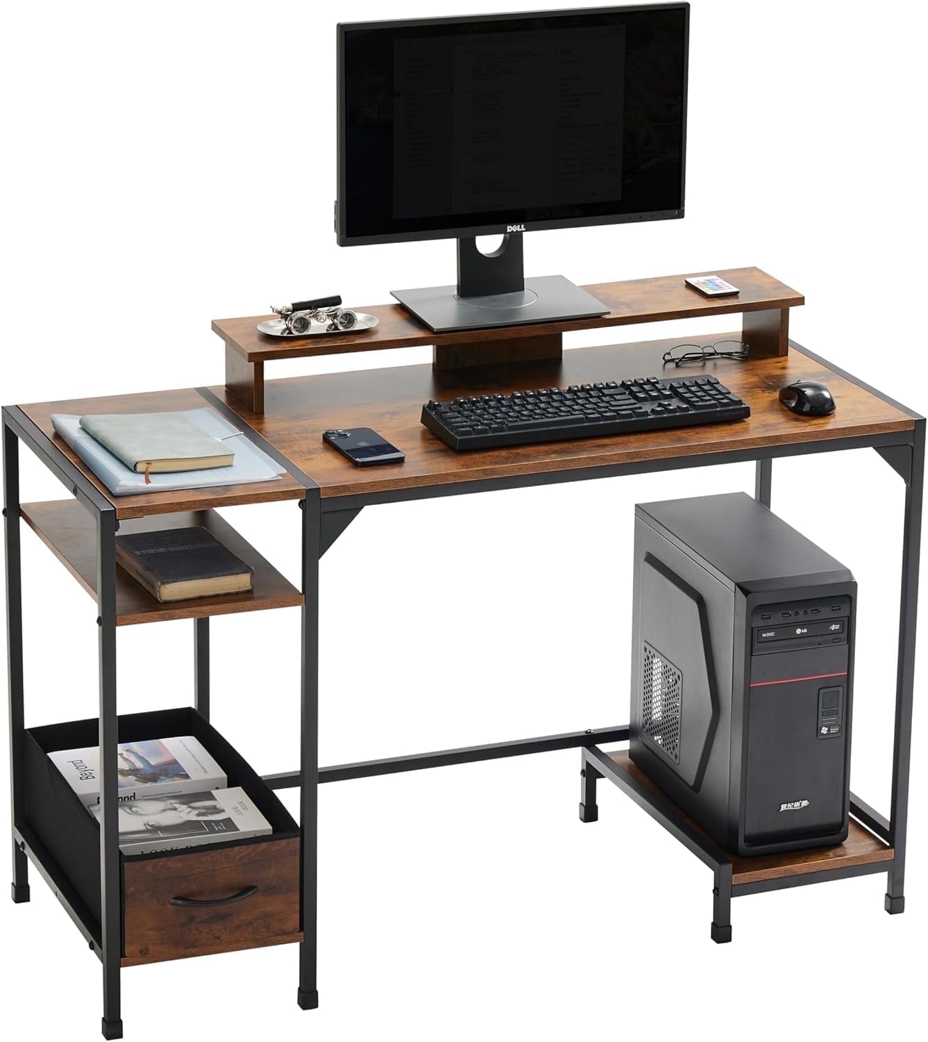COOKCOK 47 inch Computer Desk, Office Desk with a Monitor Stand and Fabric Drawer, Writing Gaming Table with Shelves and 2 Hooks for Home Office, Black
