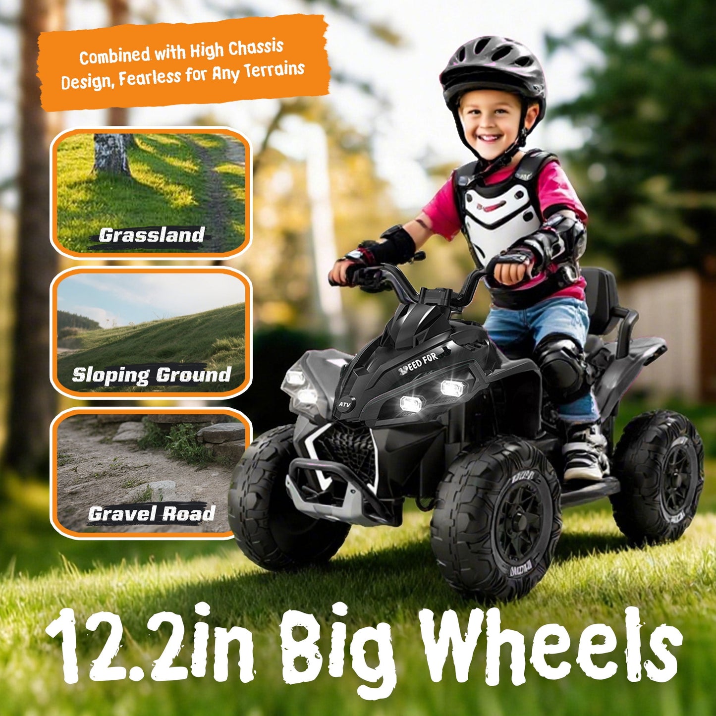 Track Seven 24V Kids Ride-On ATV, Four Wheeler Quad Electric Car with Remote, 2 Speeds, Bluetooth, LED Light, English Storytelling, Shock Absorber, Kids Electric ATV for Boys Girls Aged 3+, Black