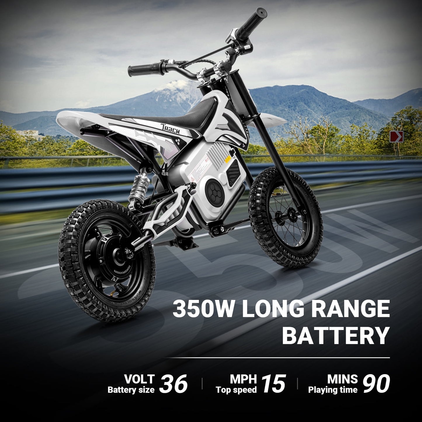 Track Seven 36V Electric Dirt Bike, 350W Ride on Motorcycle with Twist Grip Throttle, Hand-Operated Dual Brakes, for Age 8-12, White