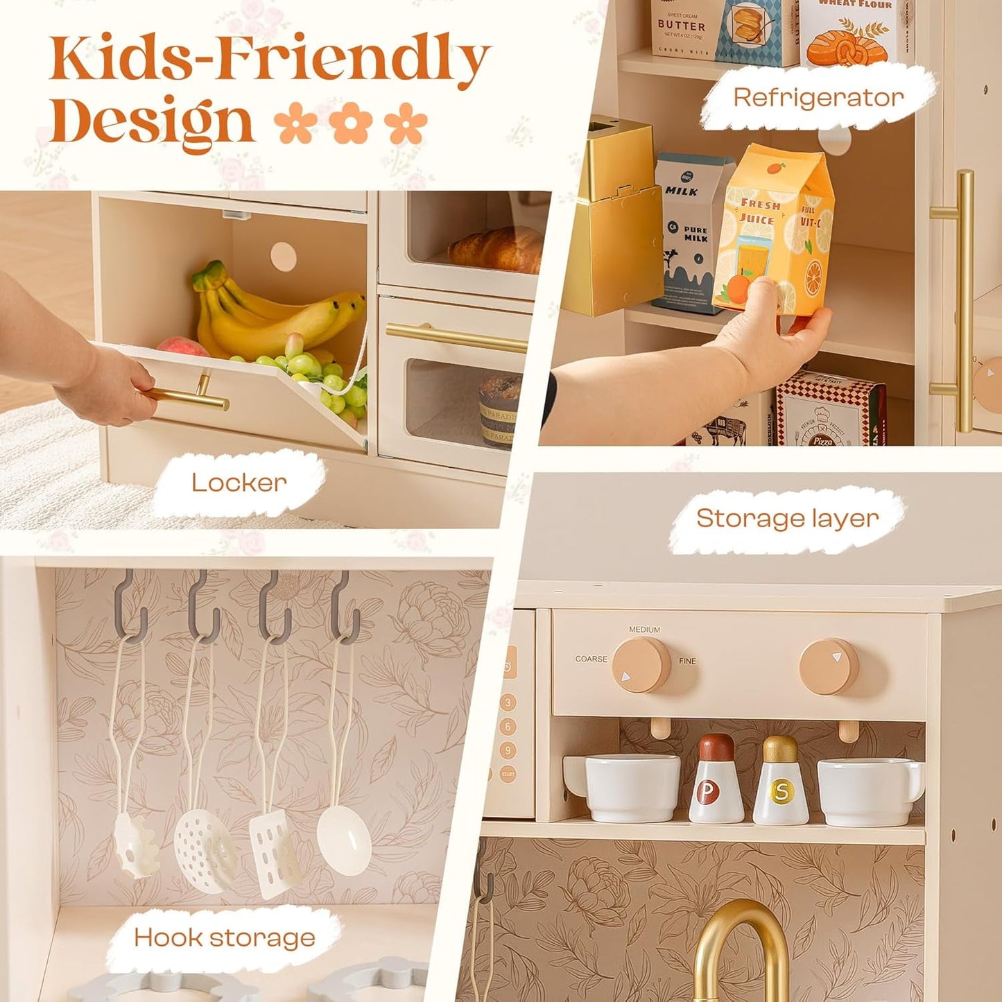 Track Seven Wooden Play Kitchen for Kids, Toddler Kitchen Set with Refrigerator, Dishwasher & Oven – Beige Kitchen Playset with Gold Sink & Handles, Toy Kitchen for Girls and Boys Ages 3