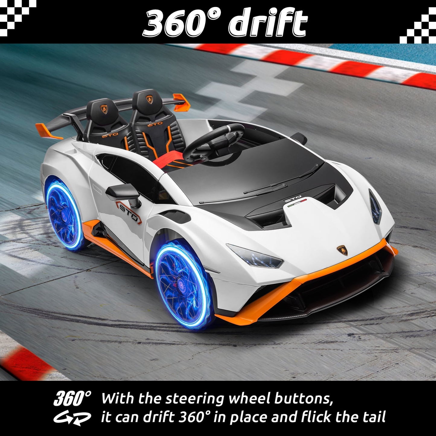 Track Seven 24V Kids Ride on Car, Licensed Lamborghini STO Electric Car for Boys Girls, 2-Seater Ride on Drift Car with Remote Control, Music, 360° Spin, Max Speed 6mph, White