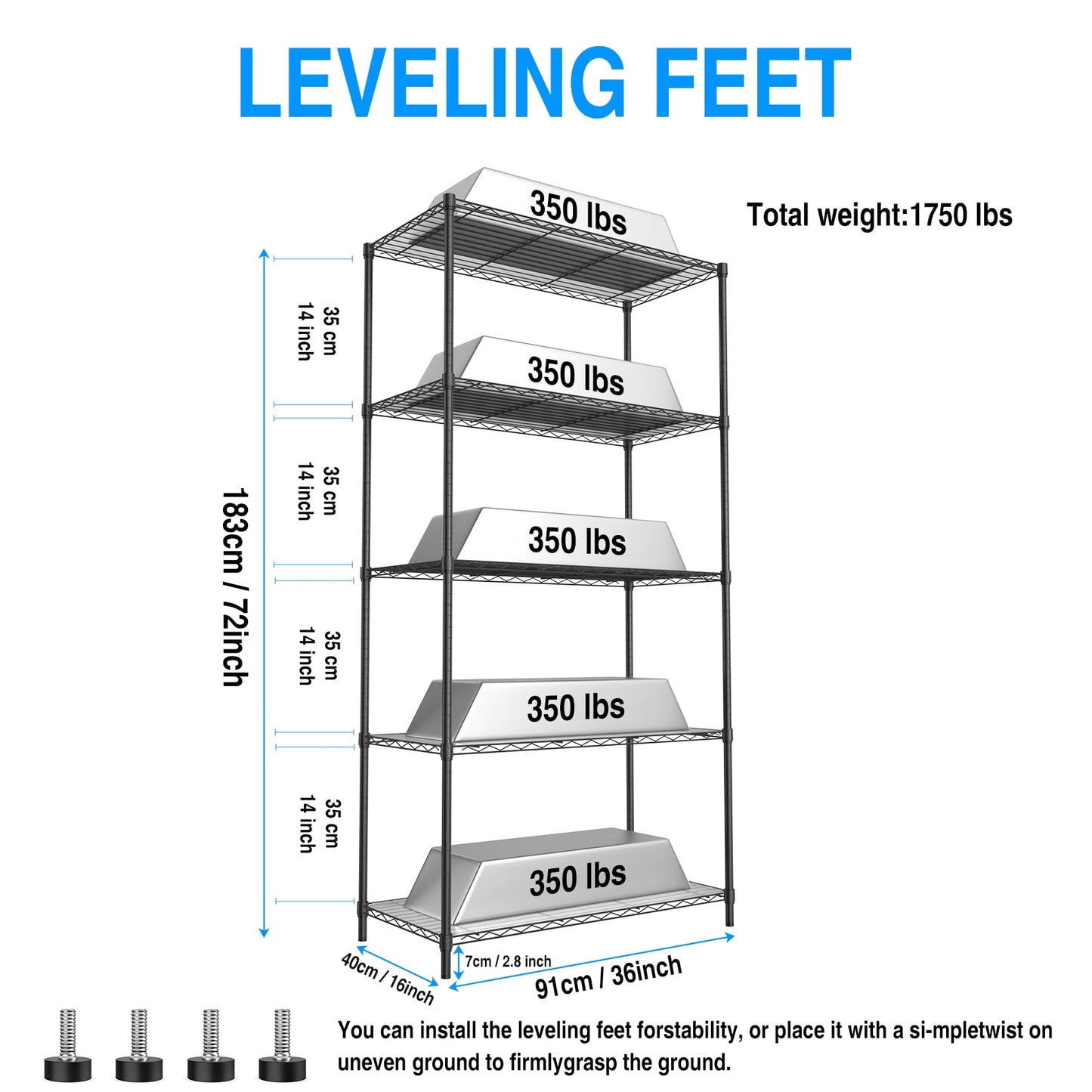 COOKCOK 5-Tier Wire Shelving Unit, Height Adjustable Metal Shelves, 36" x 16" x 72" Heavy Duty Storage Shelf with PE Mat, Steel Shelving 1750lbs Capacity for Closet Pantry Basement, Black