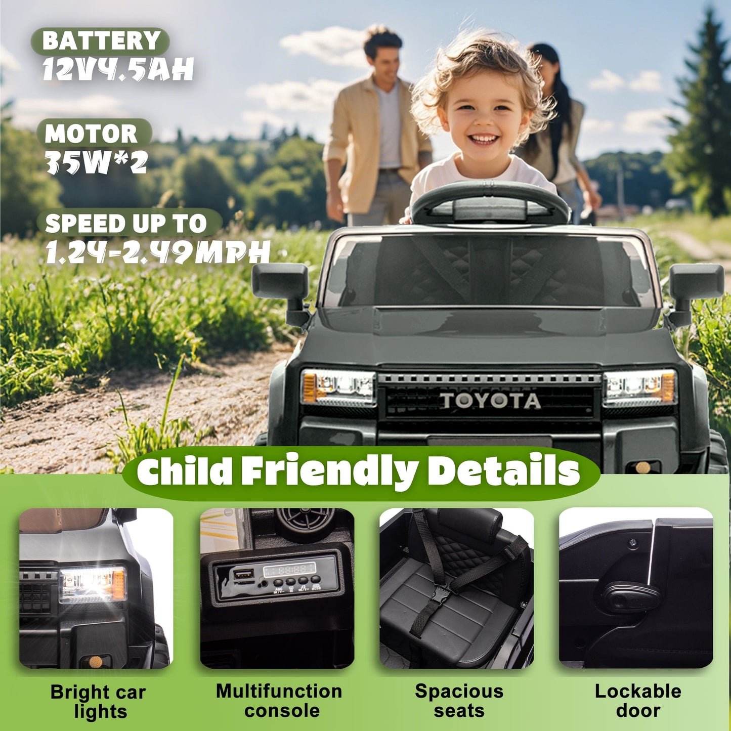 Track Seven 12V Ride on Car, Licensed Toyota LC250 Ride on Truck for Kids, Electric Car with Remote Control, Power Display, Music, Bluetooth, 12V Ride on Toy Car for Boys Girls Age 2+, Black