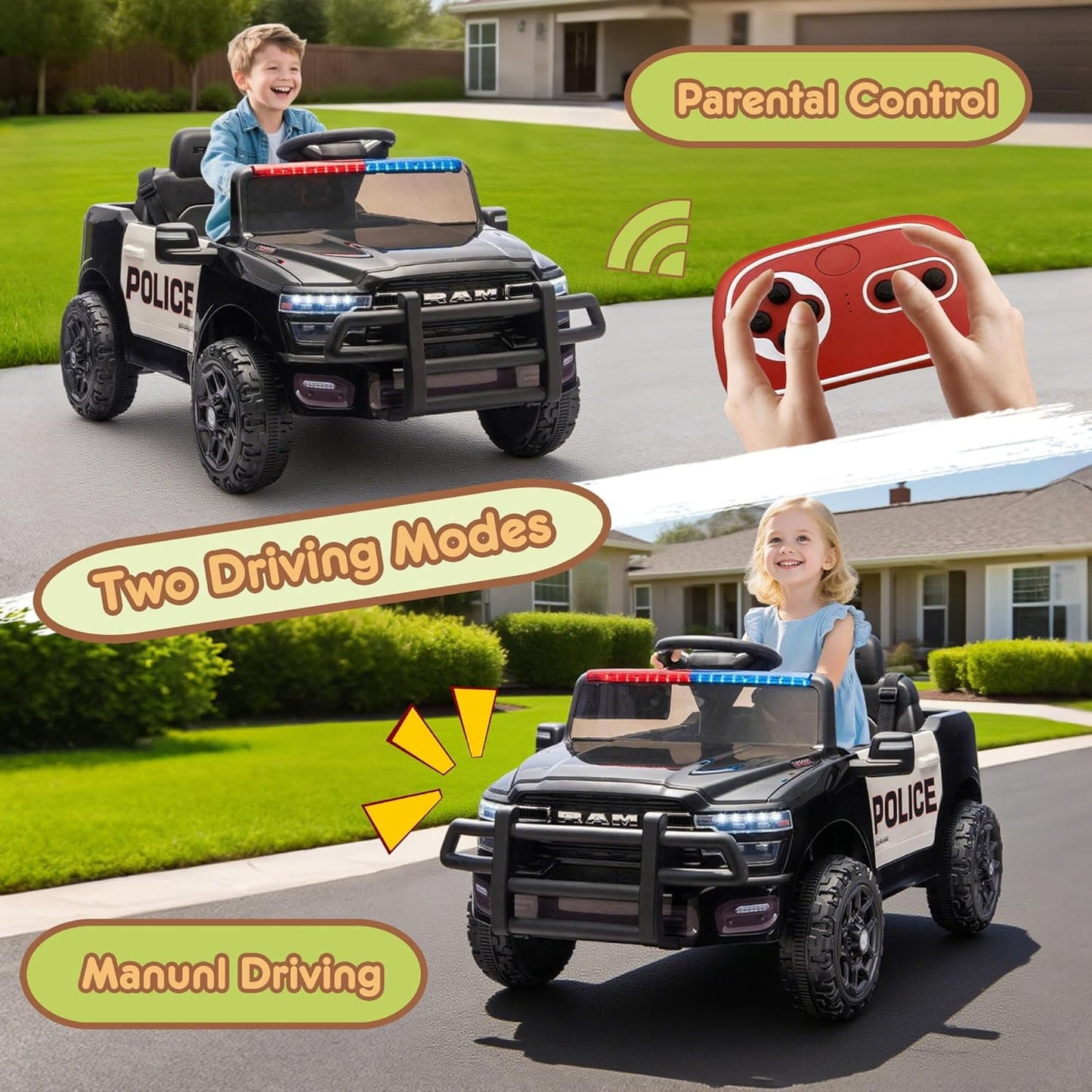 Track Seven 12V Ride on Car, Licensed Dodge RAM 3500 Ride On Truck with Remote Control, Rear Shock Suspension, LED Headlights, Low Battery Alarm, Bluetooth, Music, Ride on Toy for Kids Aged 3+, Black