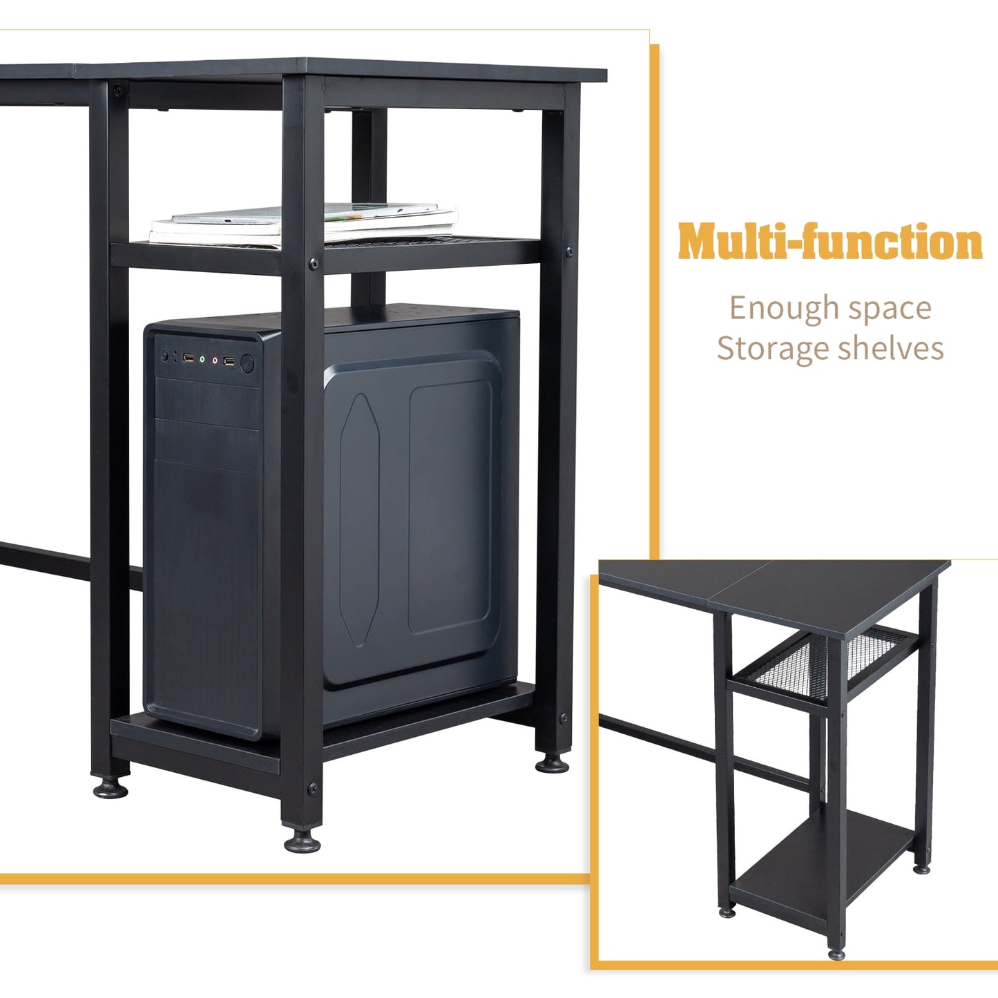 COOKCOK L Shaped Desk, 55" Computer Desk with Power Outlets, Reversible Corner Desk with Storage Shelves, Home Office Desk for Writing Gaming Study, Black