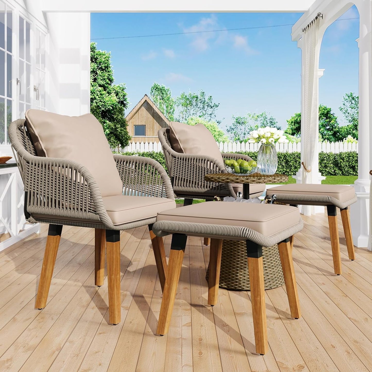 COOKCOK 5 Pieces Patio Furniture Chair Sets, Balcony Furniture Sets with Wicker Cool Bar Table, Wicker Chairs with Ottomans, Outdoor Chairs Set for Backyard, Balcony, Poolside, Brown