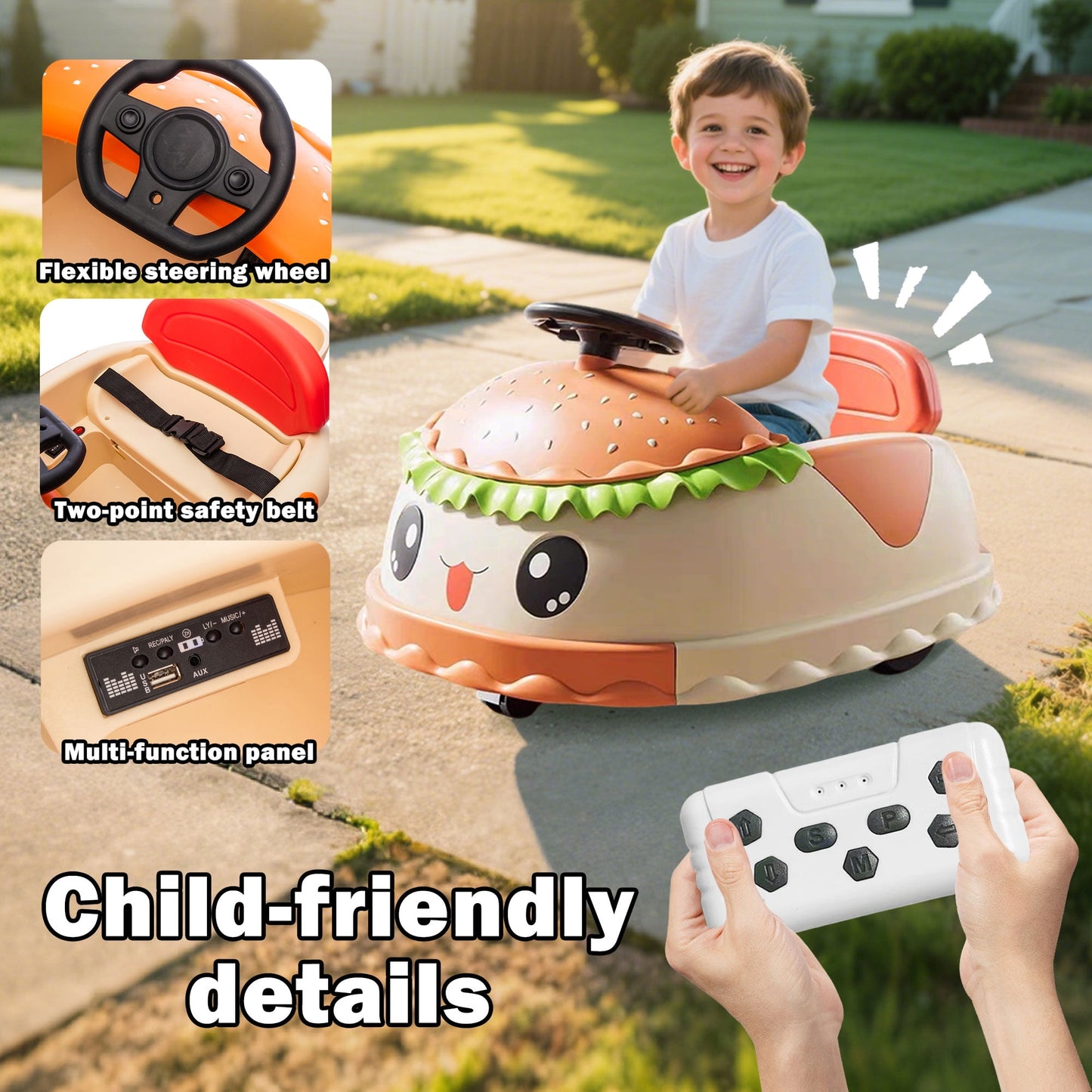 Track Seven 12V Kids Bumper Car, Kids Ride On Toy with Hamburger Design, Rear Storage, 360° Spin, Remote Control, Music, LED Lights, Electric Bumper Car for Boys Girls Toddlers Ages 2-5, Yellow