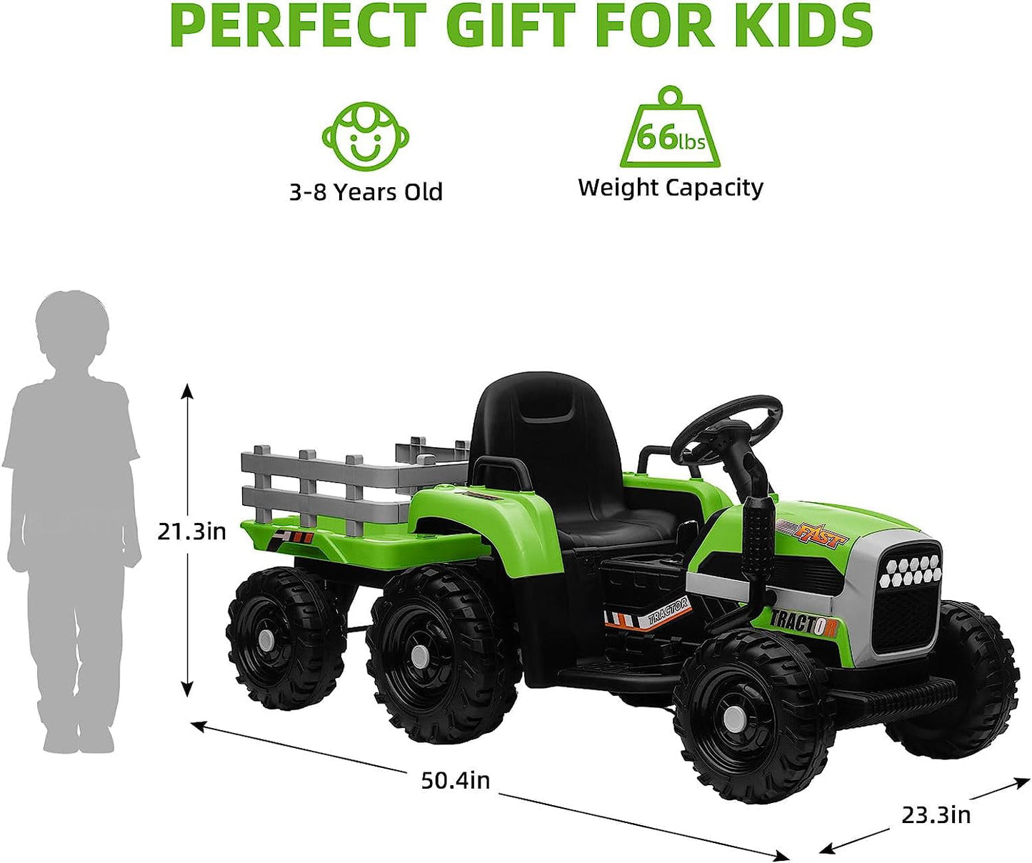 Track Seven 24V Ride on Tractor with Trailer, 400W Motor, 6-Wheels Ride on Truck Car with Remote Control, Music, Lights, Electric Tractor Max Speed 5 mph, Green
