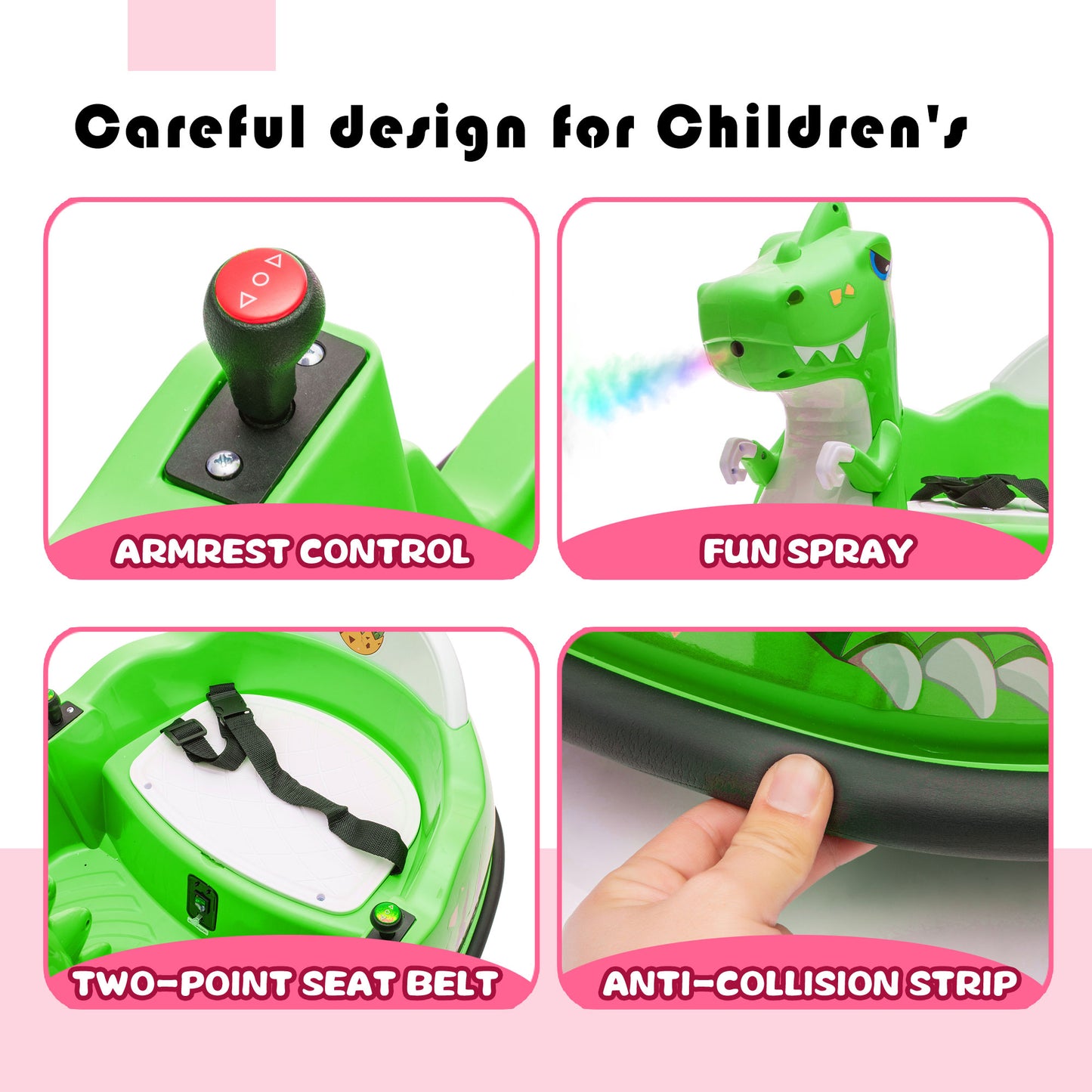 Track Seven 12V Kids Ride-on Toy with Remote Control, Dinosaur Shape Design, Bumper Car, Spray With Light, 360 Degree Rotation, Safety Anti-Collision Strip, Large Size Seat Design For Kids 2-5,Green