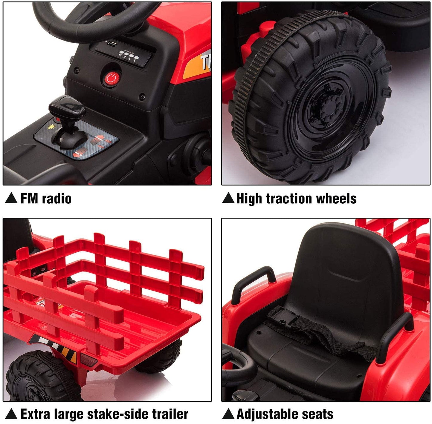 LISUEYNE 12V Ride on Tractor with Trailer, Electric Car with Music, USB, LED Lights, Ride on Car for Kids Age 3-6 Years, Max Speed 5mph, Red