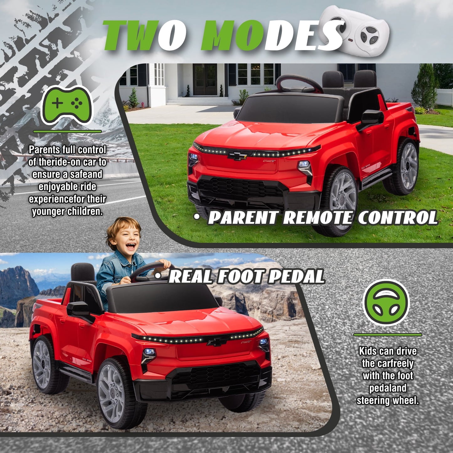 Track Seven 24V Ride on Car, Licensed Chevrolet Silverado Electric Car Truck with Remote Control, Bluetooth, LED Lights, Power Display, Rear Storage Ride on Toy Car for Boys Girls Age 3+, Red