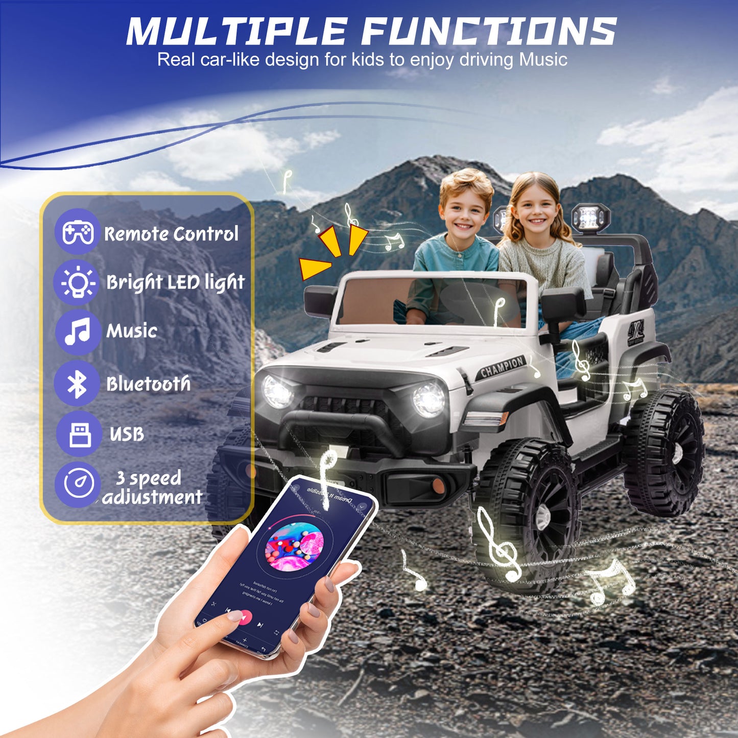 Track Seven 24V Ride on Truck, 2 Seater Ride On Toy Car for Big Kids, 19.7" Large Wide Seat, 4WD Electric Truck Car with Music, Bluetooth, Light and Searchlight, Max Speed 4.35 mph, White