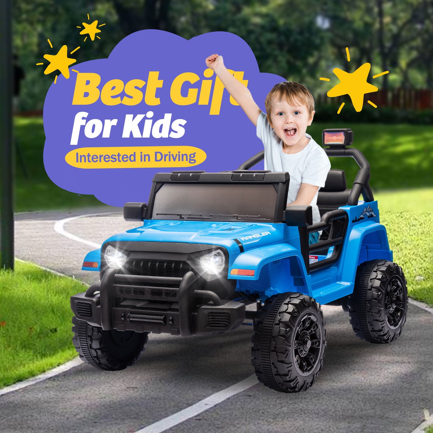 Track Seven 12V Kids Ride on Truck, Electric Car with Remote Control, Off-Road Truck for Boys Girls age 3+, Music, Bluetooth, Spring Suspension with DIY Stickers, Blue