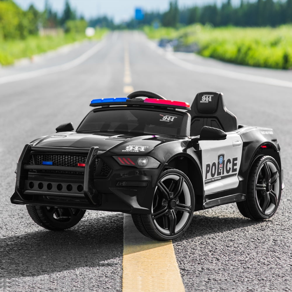 Track 7 12V Kids Police Sports Car, 2.4GHZ Remote Control, LED Lights, Siren, Microphone, Black