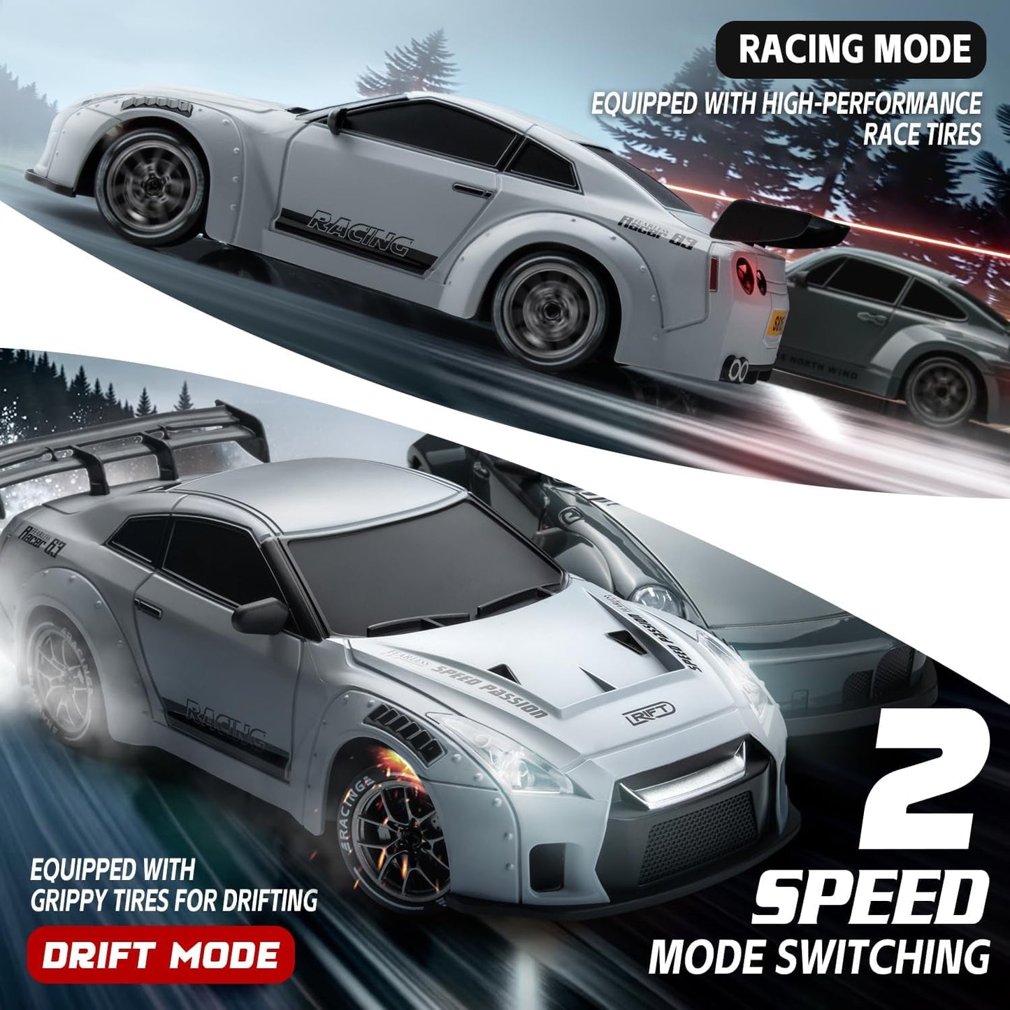 Track Seven RC Drift Car, 1:24 Scale Remote Control Vehicle with LED Lights, 2.4GHz 20KM/H 4WD High Speed RC Cars, Drifting Tires&Two Batteries, Racing Sports Toy Idea Gift for Adults Boys Girls