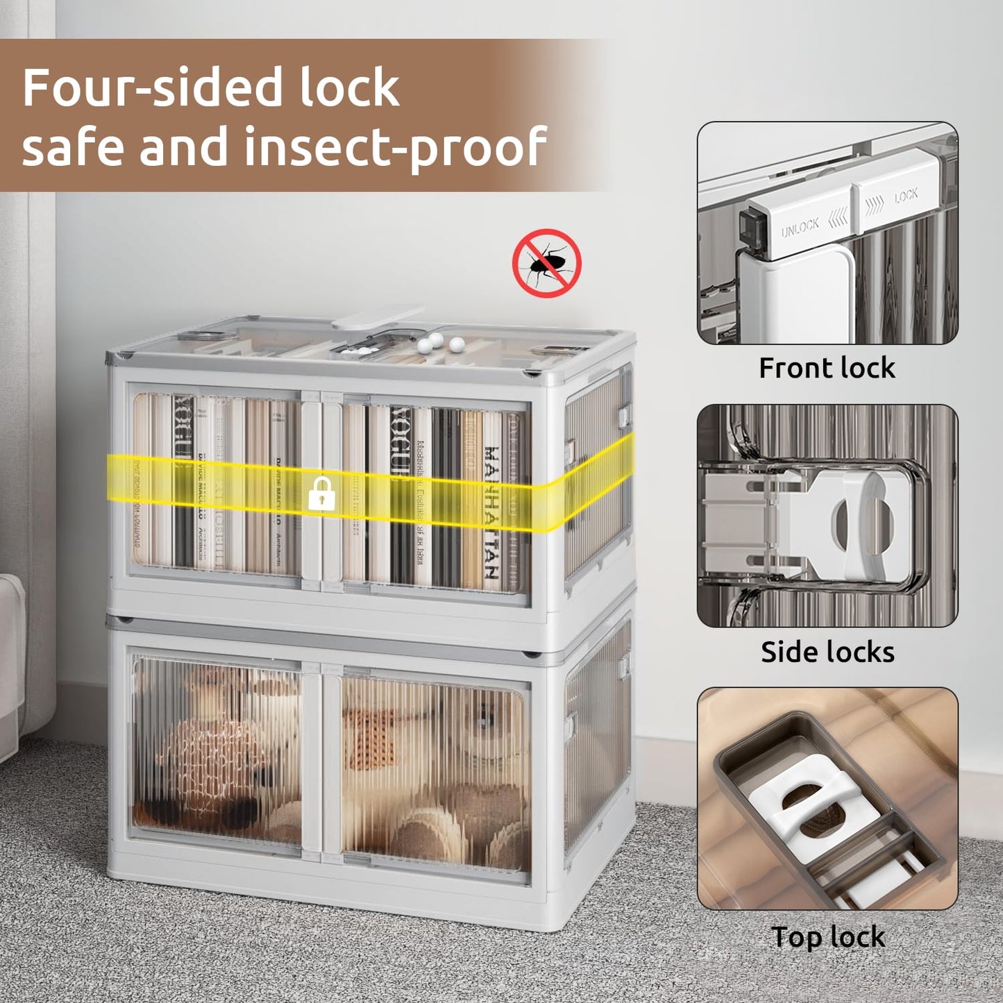 COOKCOK Storage Bins with Lids, Foldable Plastic Storage Container with Door, 3 Pack Stackable Collapsible Storage Bins for Closet Organizers and Storage, Secure Lock, 23.6"x 16.5"x 39.6"