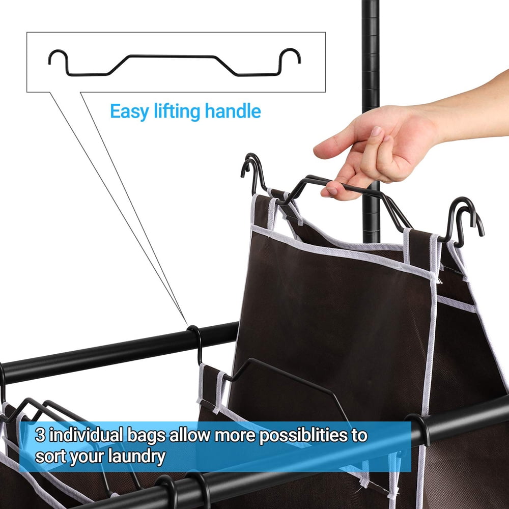 COOKCOK Rolling Laundry Basket Organizer with Wheels and Hanging Bar, Laundry Hamper Cart Laundry Sorter 3 Section, Dirty Clothes Hampers for Laundry Bedroom Bathroom