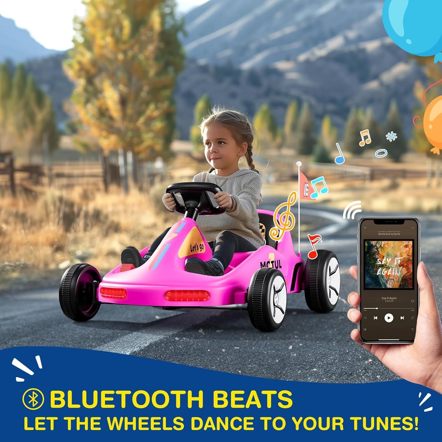 Track Seven 12V Ride on Car, Kids Electric Drifting Go Kart with Remote Control, Flashing Taillight, Bluetooth, Storytelling, Max Speed 3.7 mph, Portable Electric 4-Wheeler Car for Kids Age 3+, Pink