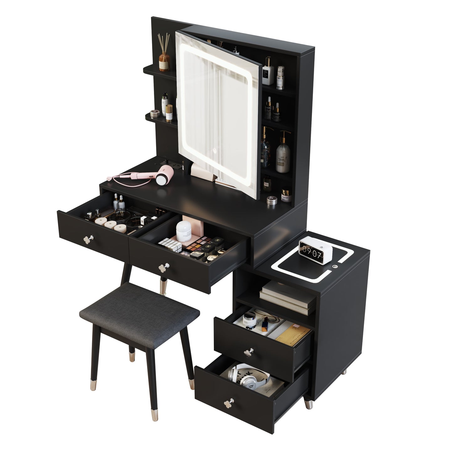 COOKCOK Vanity Desk, Vanity Mirror with Lights and Table Set with 4 Drawers, Vanity Set with Stool and Power Outlet, 3 Lighting Modes Brightness Adjustable for Bedroom Studio