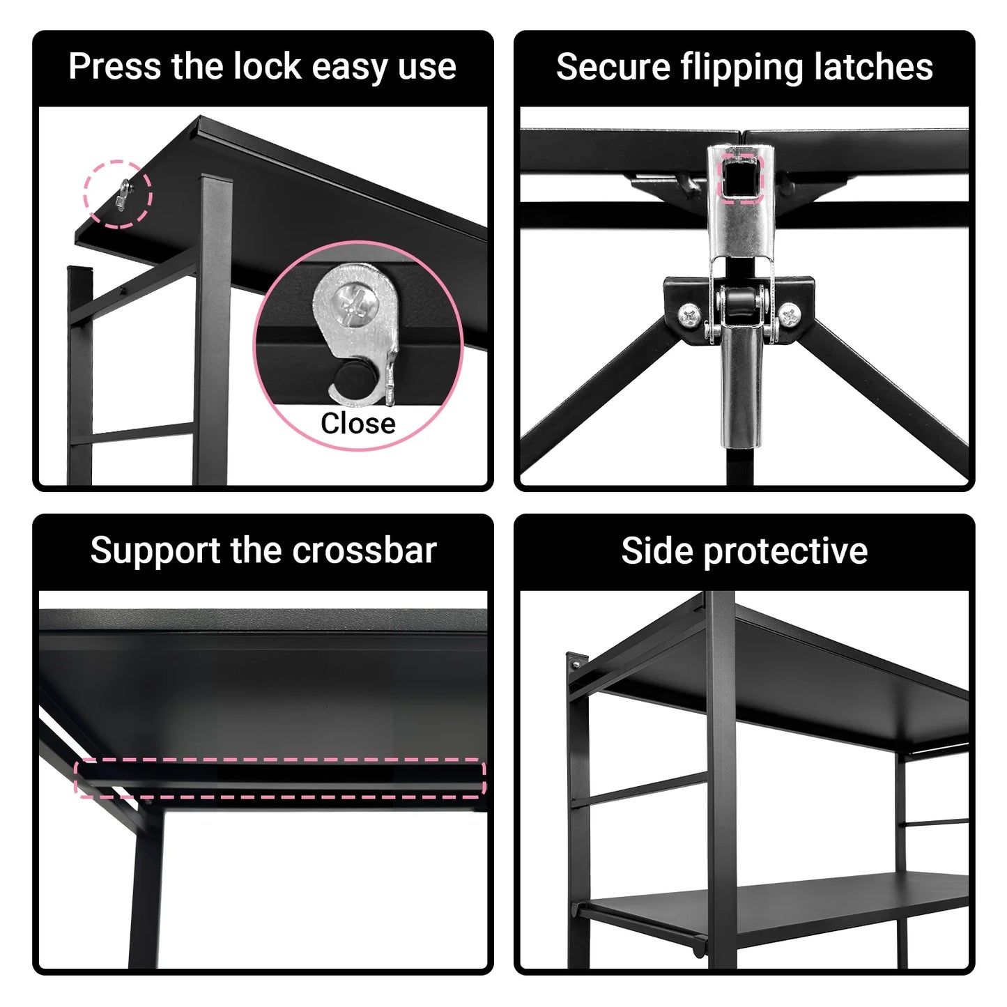 COOKCOK 4-Tier Storage Shelving Unit, Metal Shelf, Adjutable Height, Foldable Storage Shelf with Wheels, Garage Shelf, Kitchen Shelf, Side Protective, 400lbs Capacity, Black